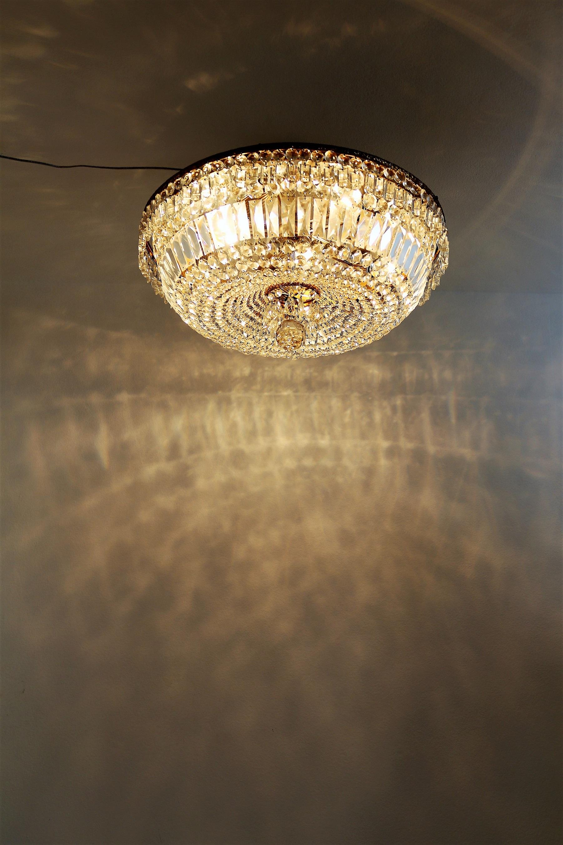 Mid-20th Century on hold for Gregory: Italian Murano Crystal Brass Flush Mount Chandelier, 1950s 