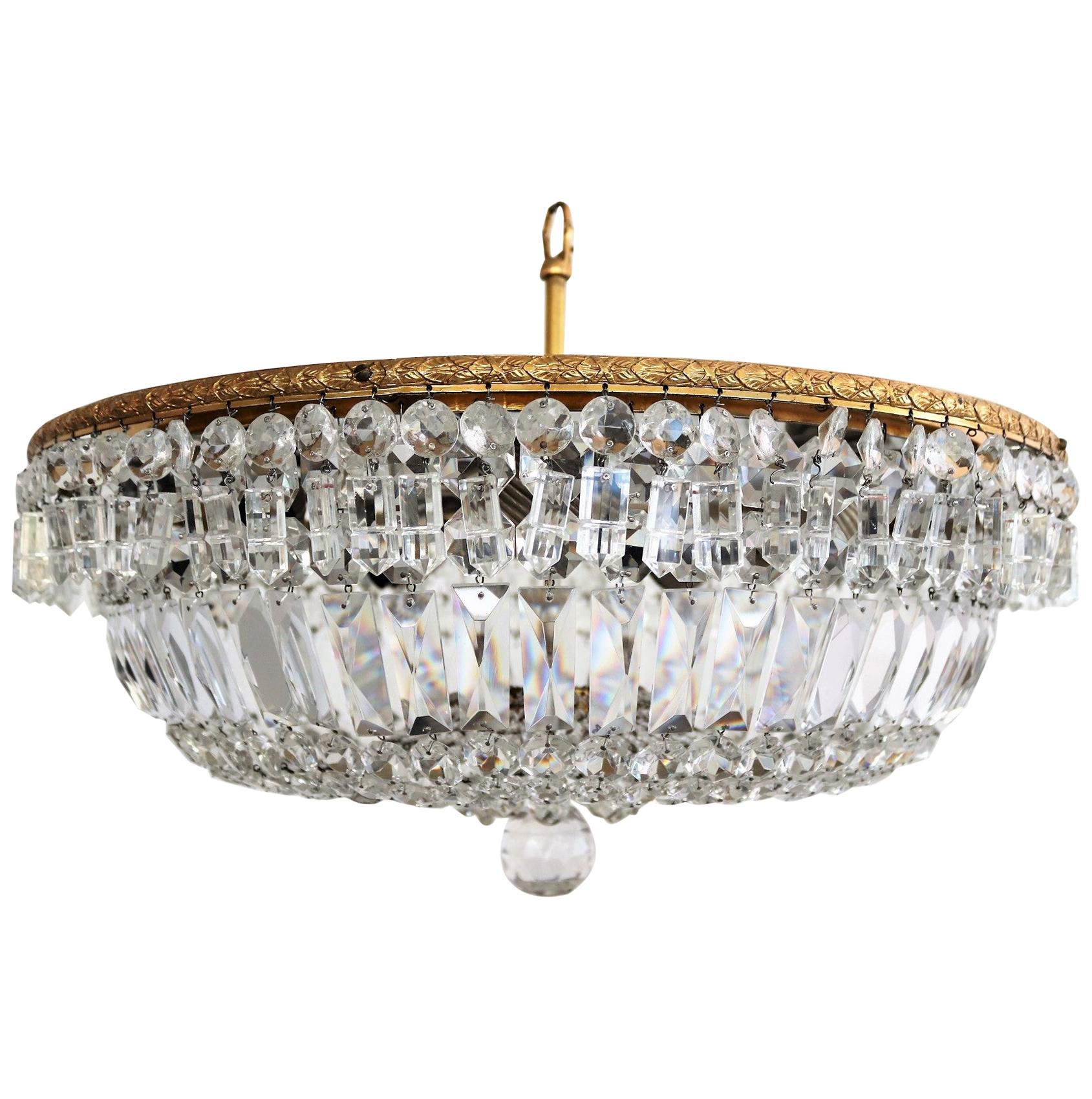 on hold for Gregory: Italian Murano Crystal Brass Flush Mount Chandelier, 1950s 