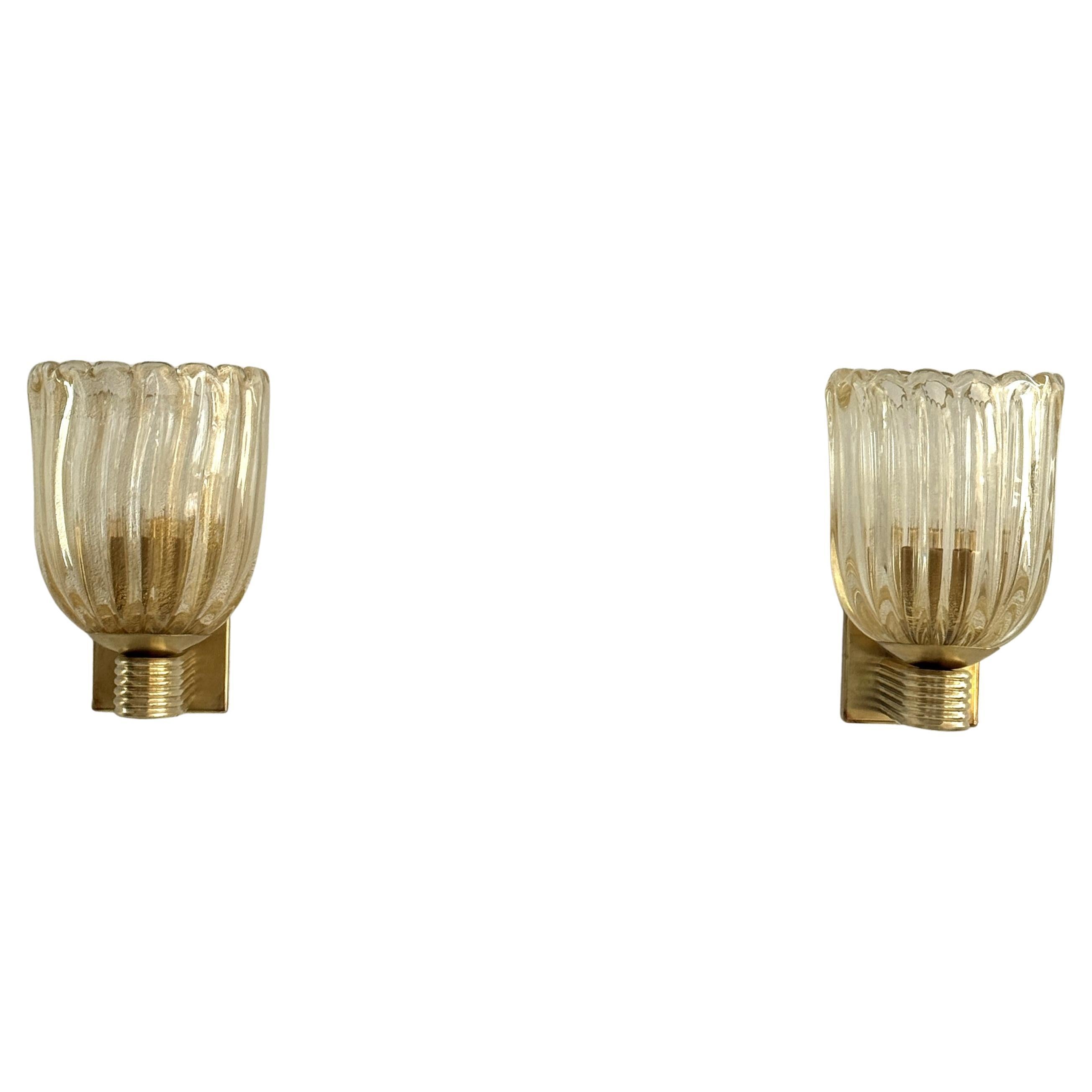 Italian Murano Crystal Glass and Brass Wall Sconces in the Art Deco Style
