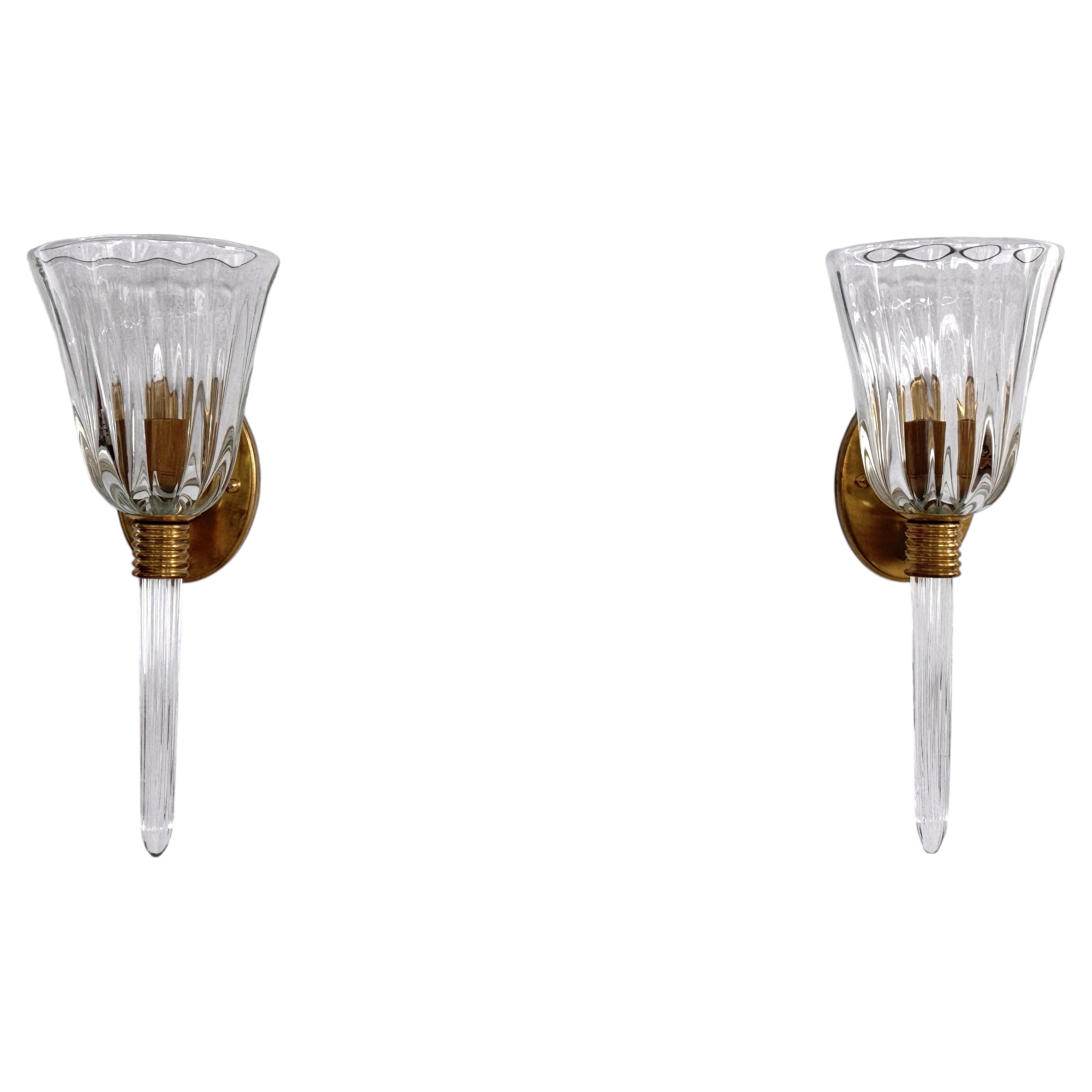 Italian Murano Crystal Glass and Brass Wall Sconces in the Art Deco Style