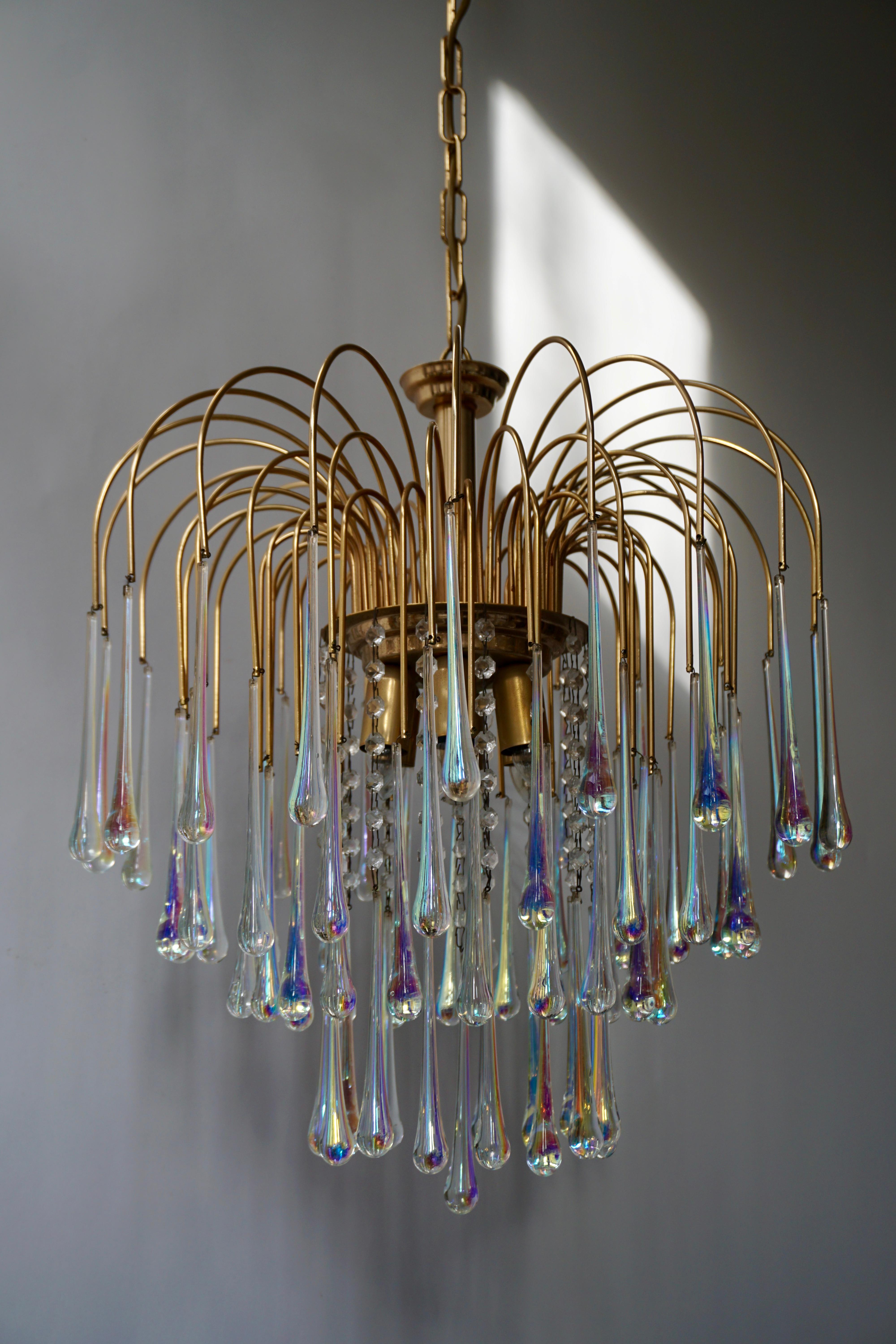 Italian Iridescent Murano Crystal Teardrop Waterfall Chandelier, 1950s For Sale 1