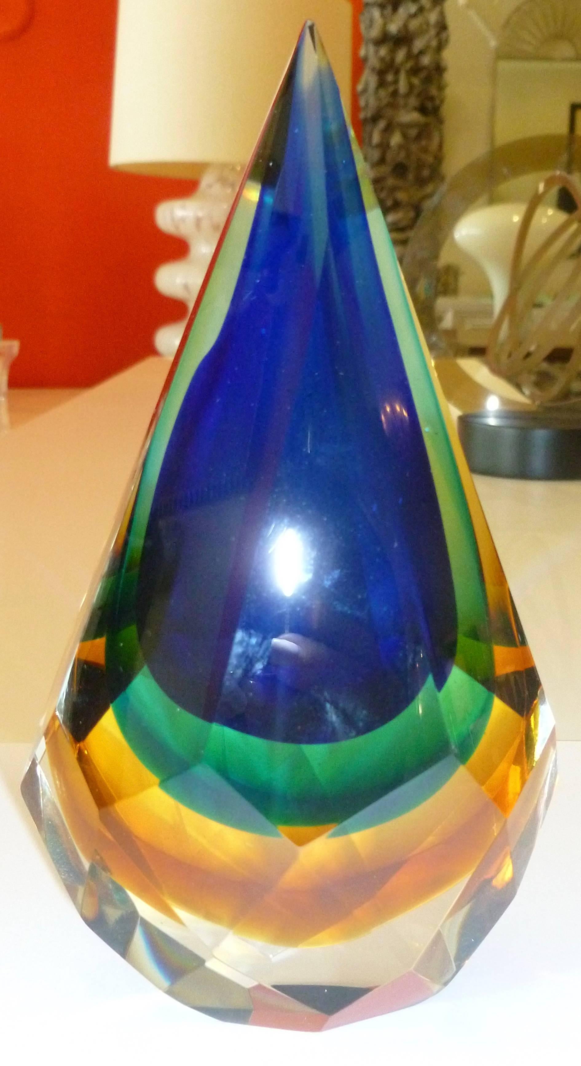 Modern Italian Murano Diamond Faceted Sommerso Glass Large Paperweight/ Sculpture