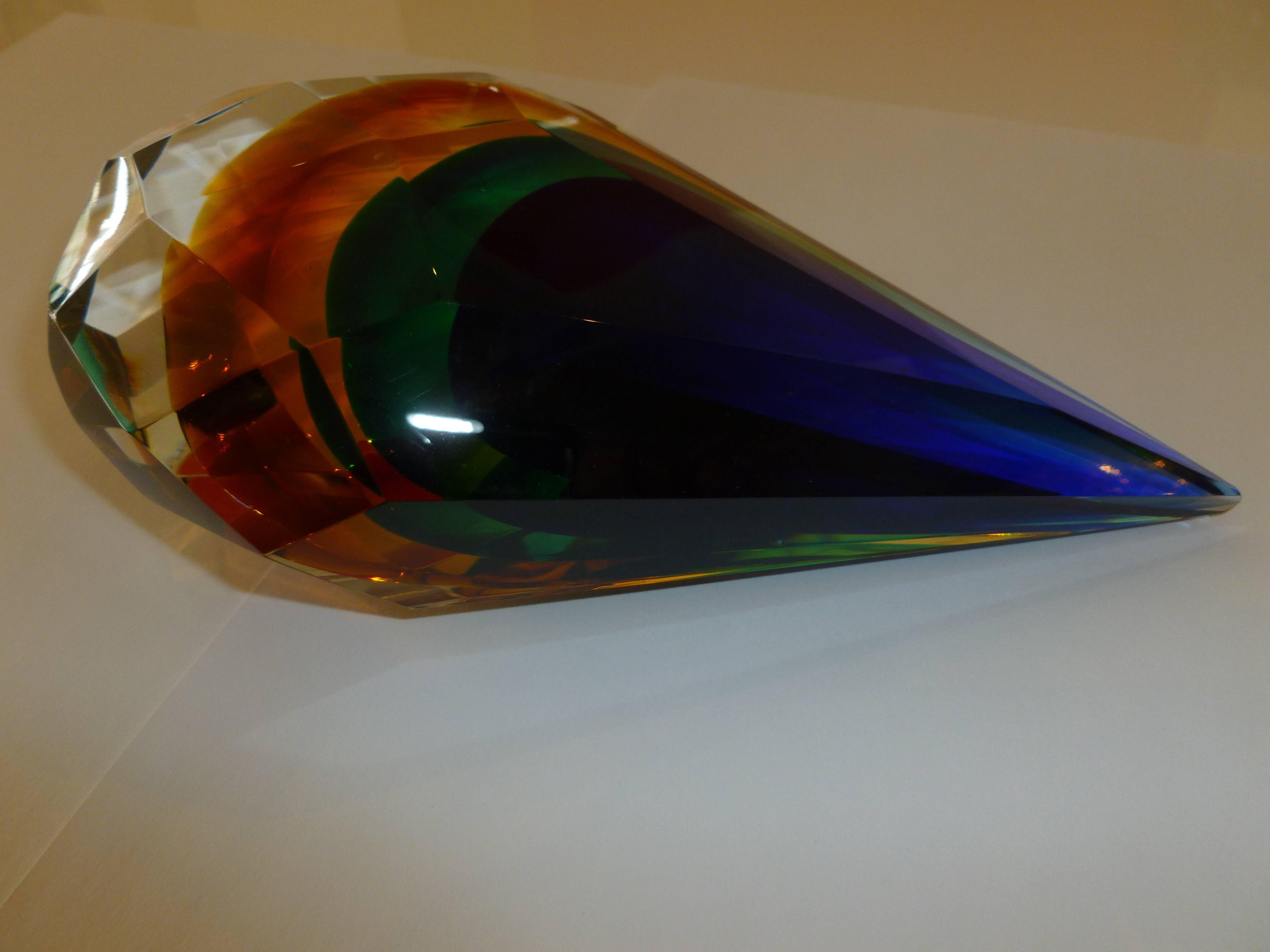 Blown Glass Italian Murano Diamond Faceted Sommerso Glass Large Paperweight/ Sculpture