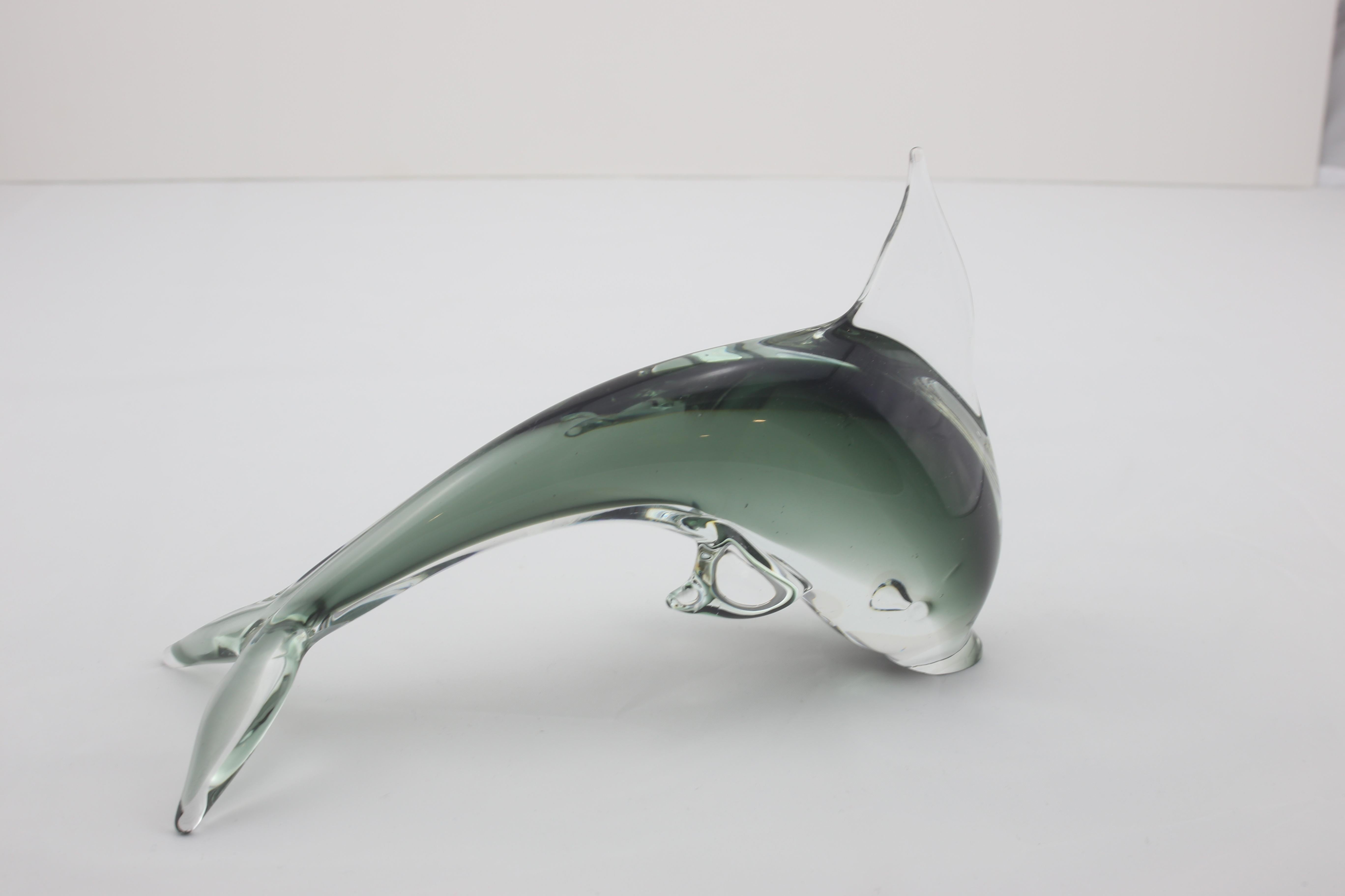 Mid-Century Modern Italian Dolphin Sculpture in Green Black Murano Glass, 1960s For Sale 1