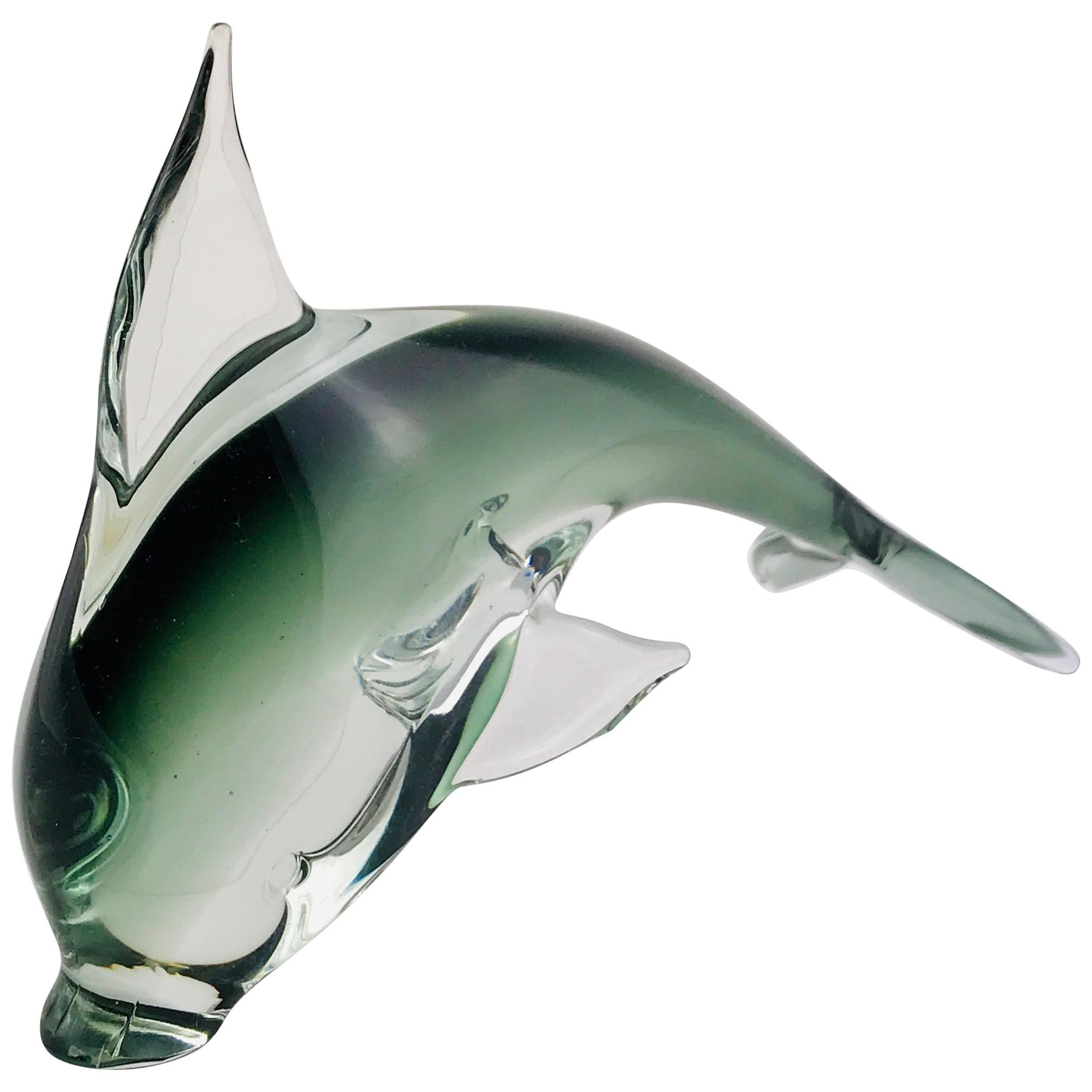 Mid-Century Modern Italian Dolphin Sculpture in Green Black Murano Glass, 1960s