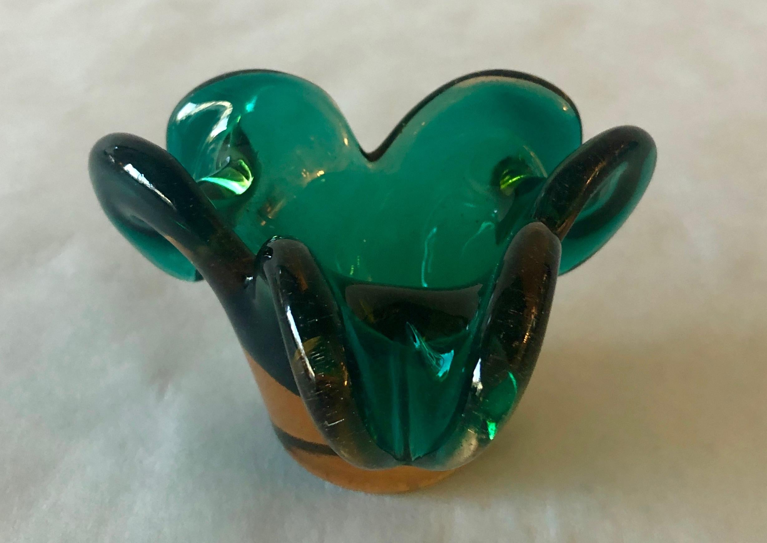 Italian Murano Emerald Green Blown Glass in Floral Shape Vase / Catch-All 6