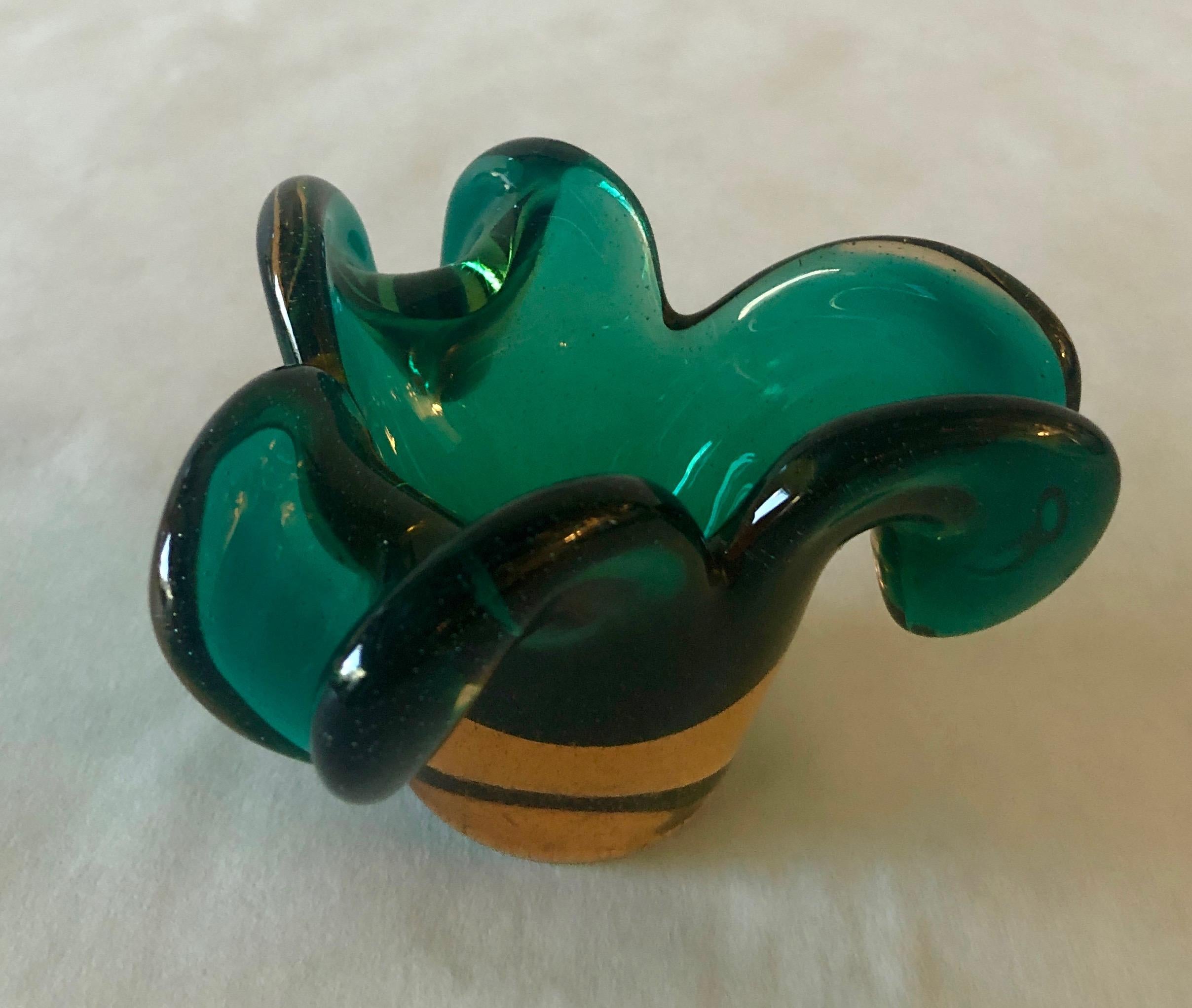 Italian Murano Emerald Green Blown Glass in Floral Shape Vase / Catch-All 7