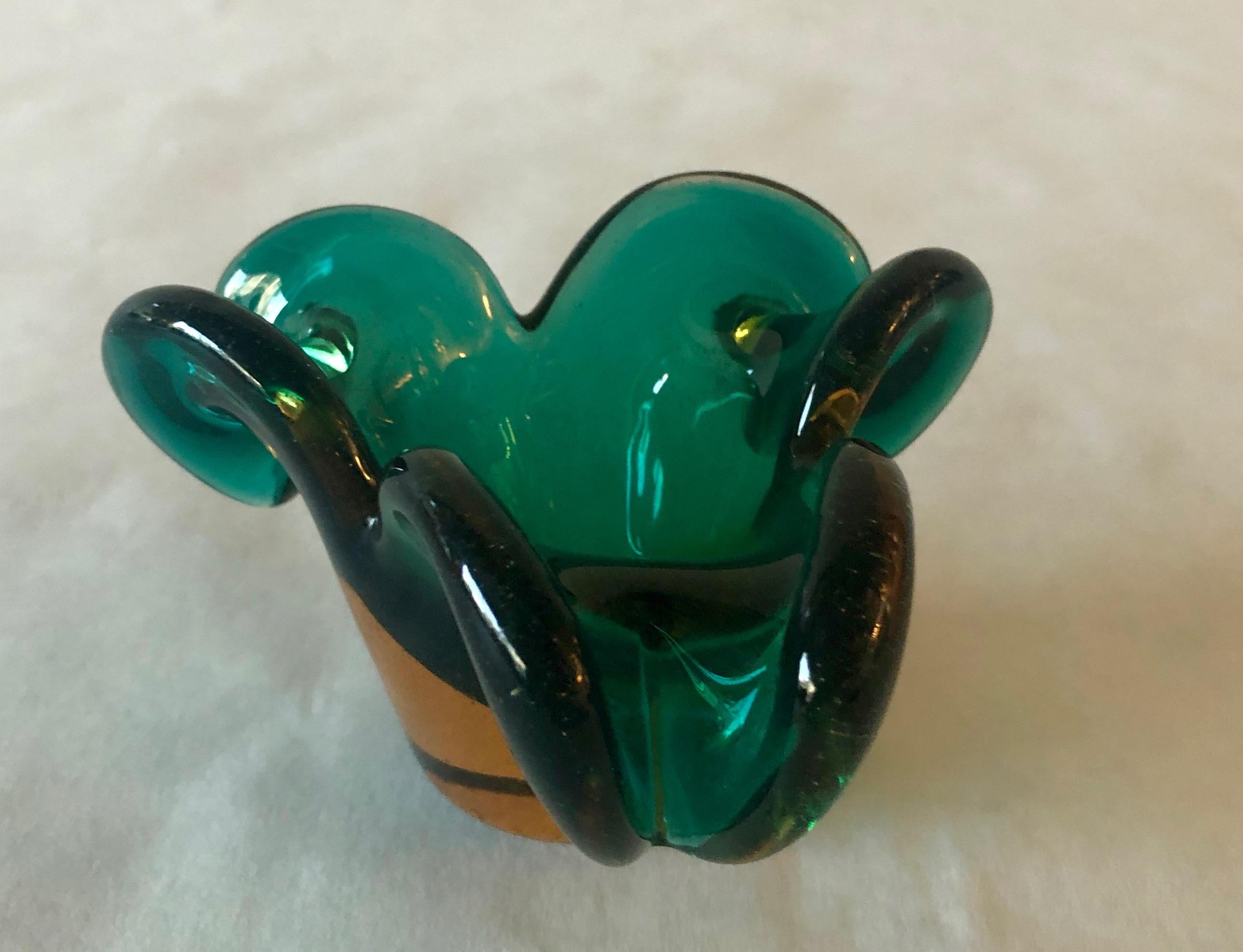 Italian Murano Emerald Green Blown Glass in Floral Shape Vase / Catch-All 9