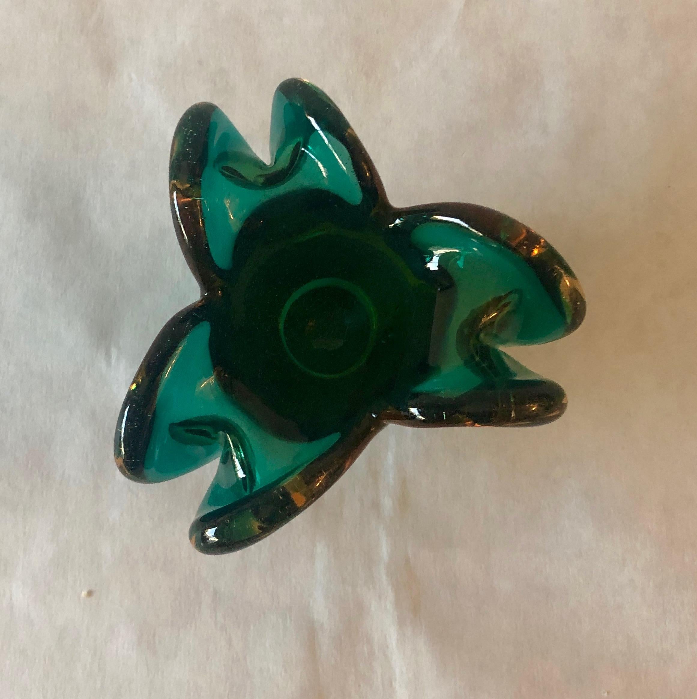 Italian Murano Emerald Green Blown Glass in Floral Shape Vase / Catch-All 1