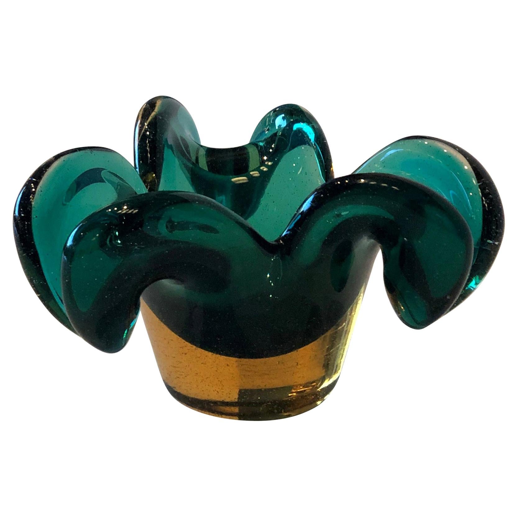 Italian Murano Emerald Green Blown Glass in Floral Shape Vase / Catch-All