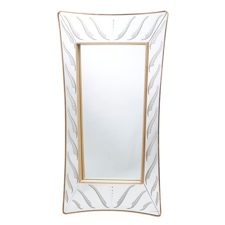 Italian Murano Engraved Glass Framed Mirror Style Of Fontana Arte Circa 1950