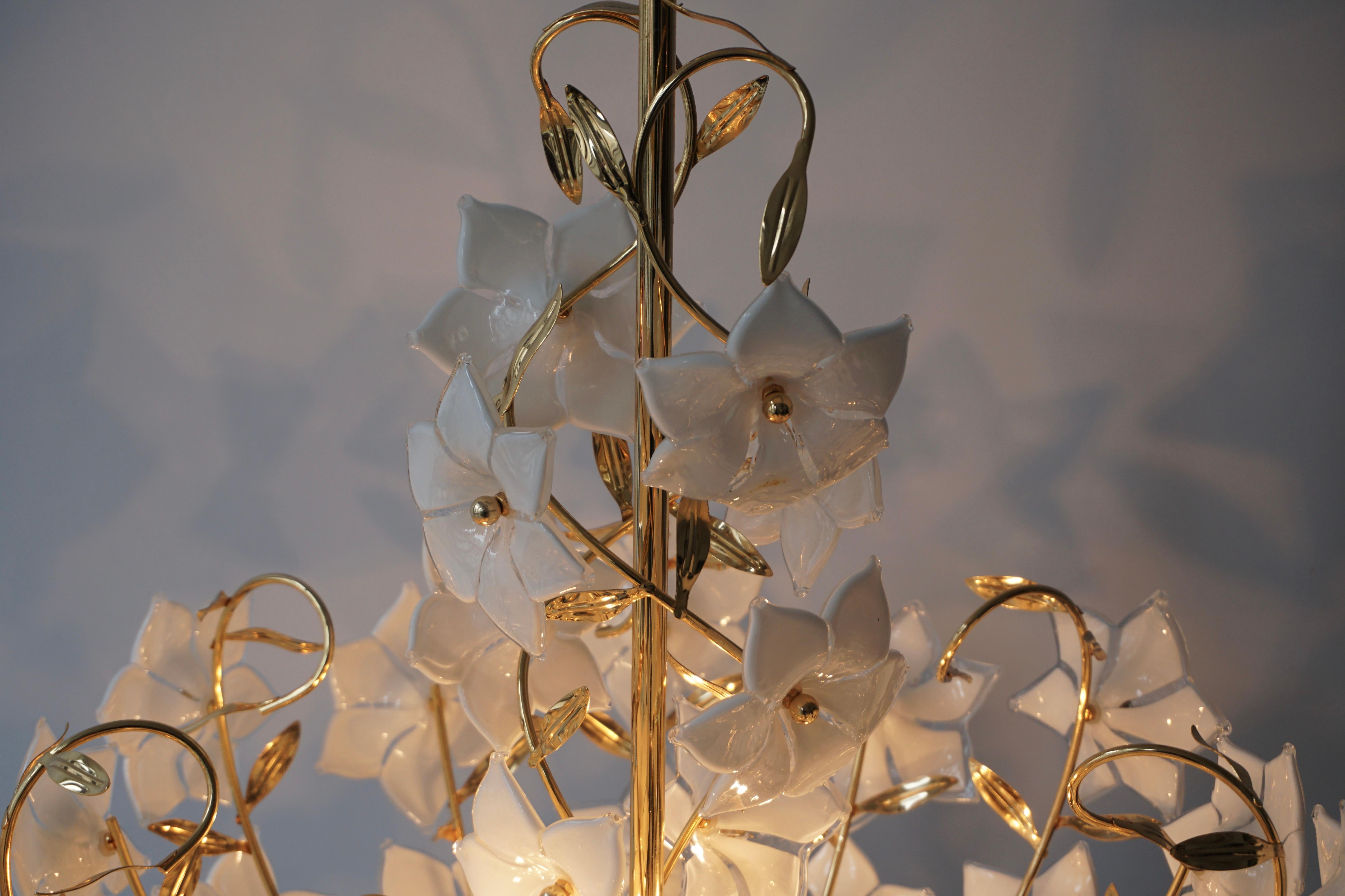 Three Italian Murano Glass Flower Bouquet Gilt Brass Chandeliers For Sale 7