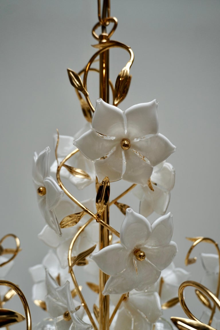 Three Italian Murano Glass Flower Bouquet Gilt Brass Chandeliers For Sale 8