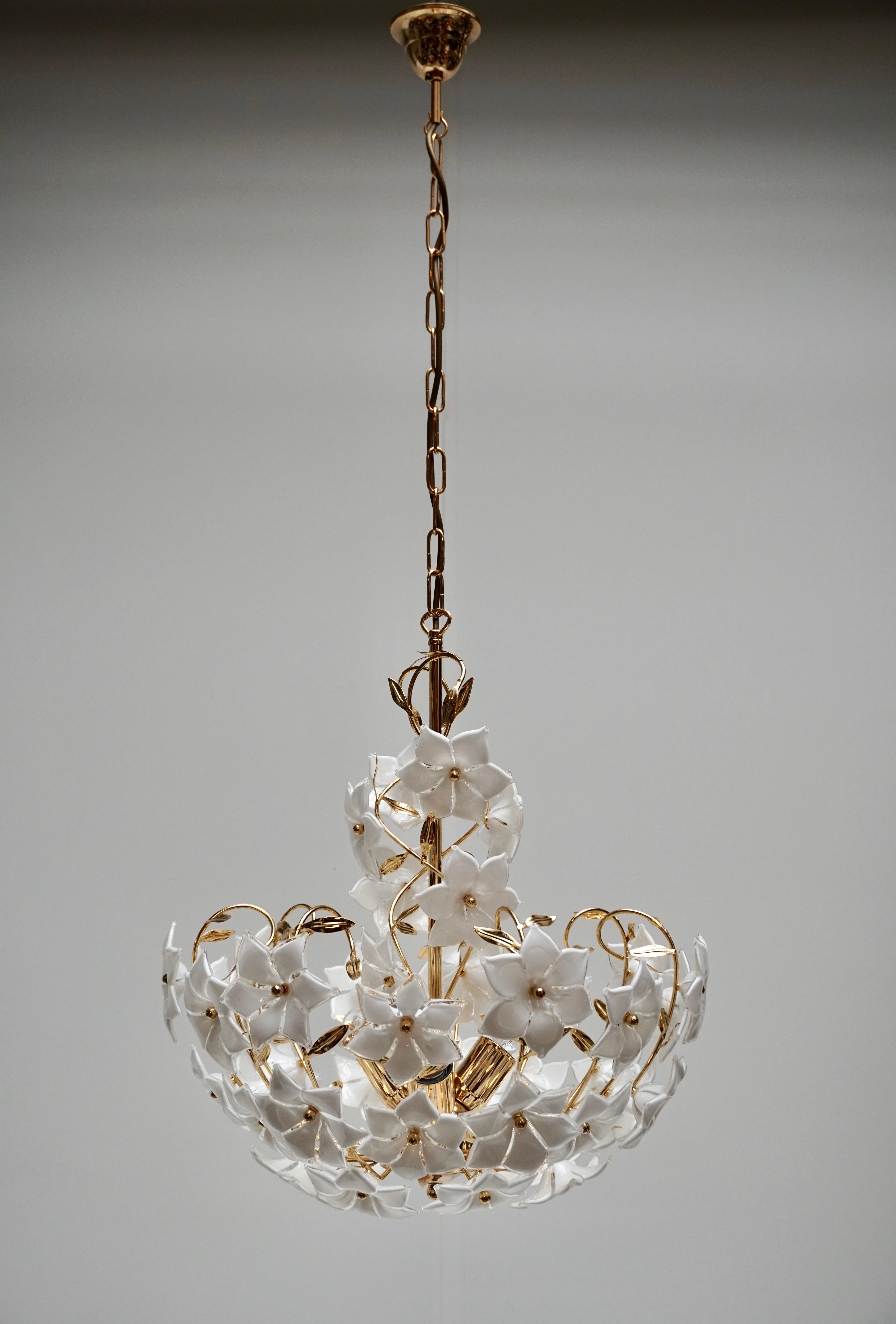 Mid-Century Modern Three Italian Murano Glass Flower Bouquet Gilt Brass Chandeliers For Sale