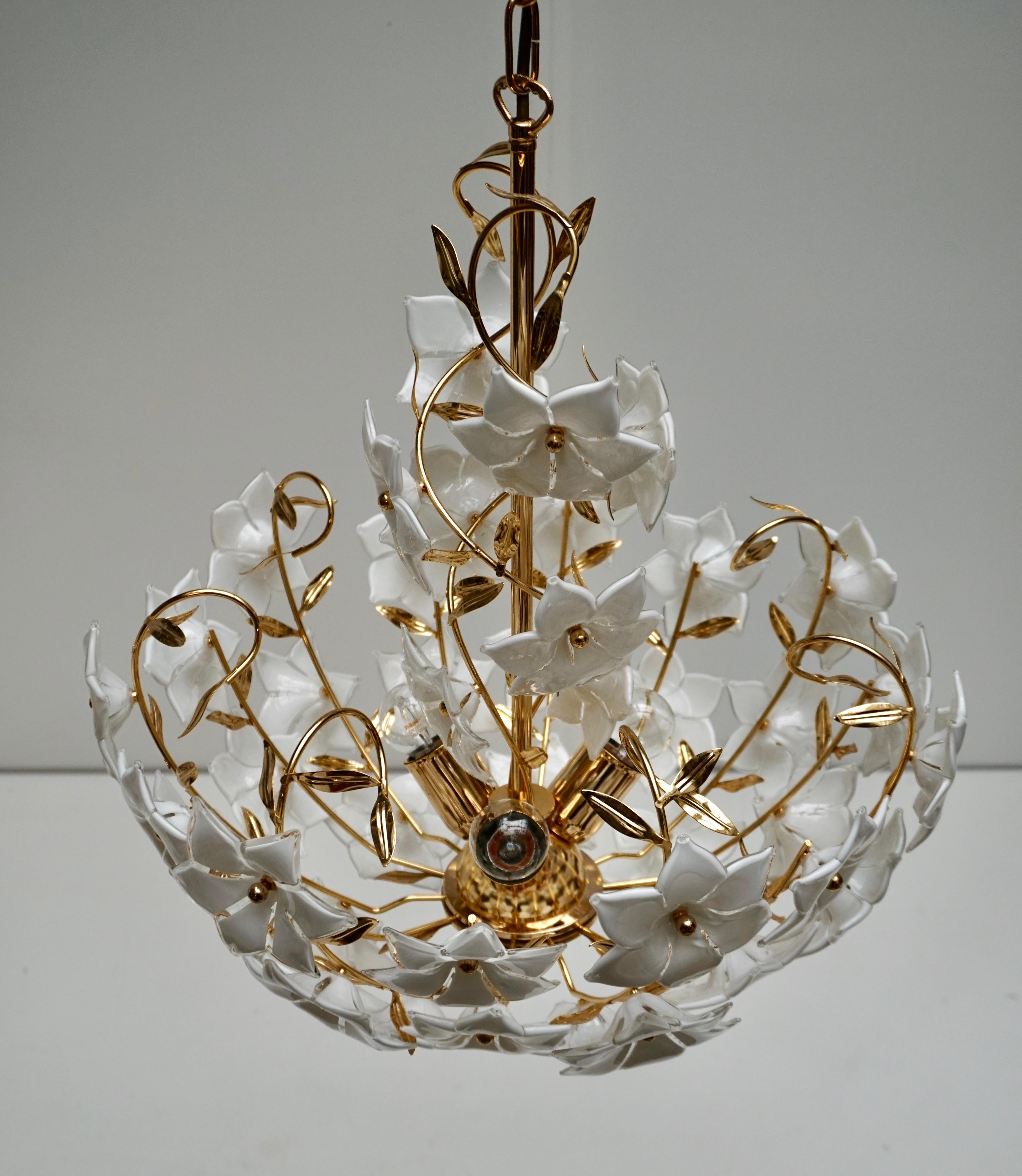 Three Italian Murano Glass Flower Bouquet Gilt Brass Chandeliers For Sale 2