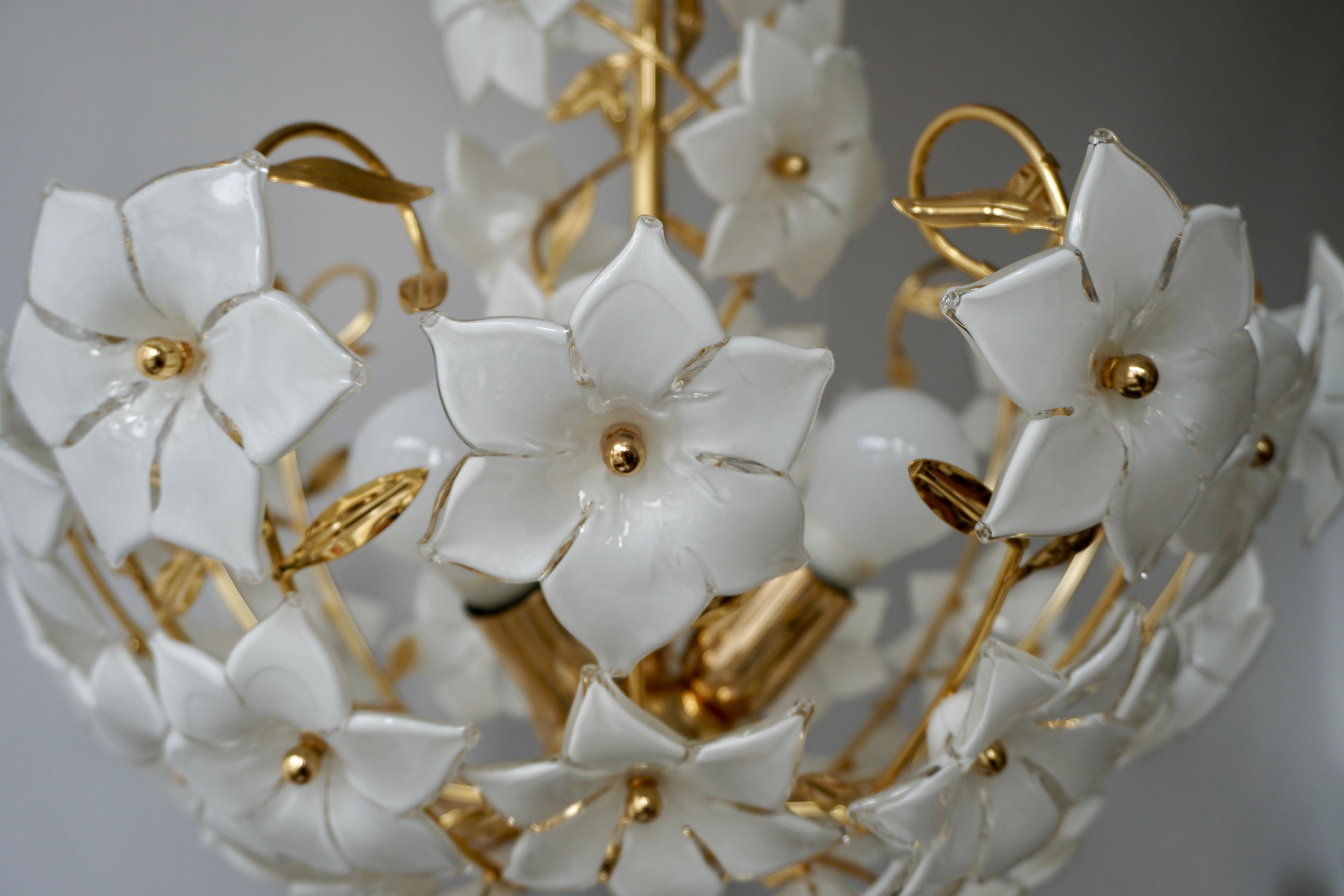Three Italian Murano Glass Flower Bouquet Gilt Brass Chandeliers For Sale 4