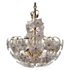 Three Italian Murano Glass Flower Bouquet Gilt Brass Chandeliers