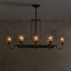 Italian Murano Fluted Glass + Brass 8-Arm Chandelier, 1940s