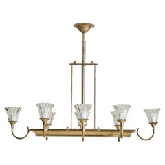 Italian Murano Fluted Glass + Brass 8-Arm Chandelier, 1940s