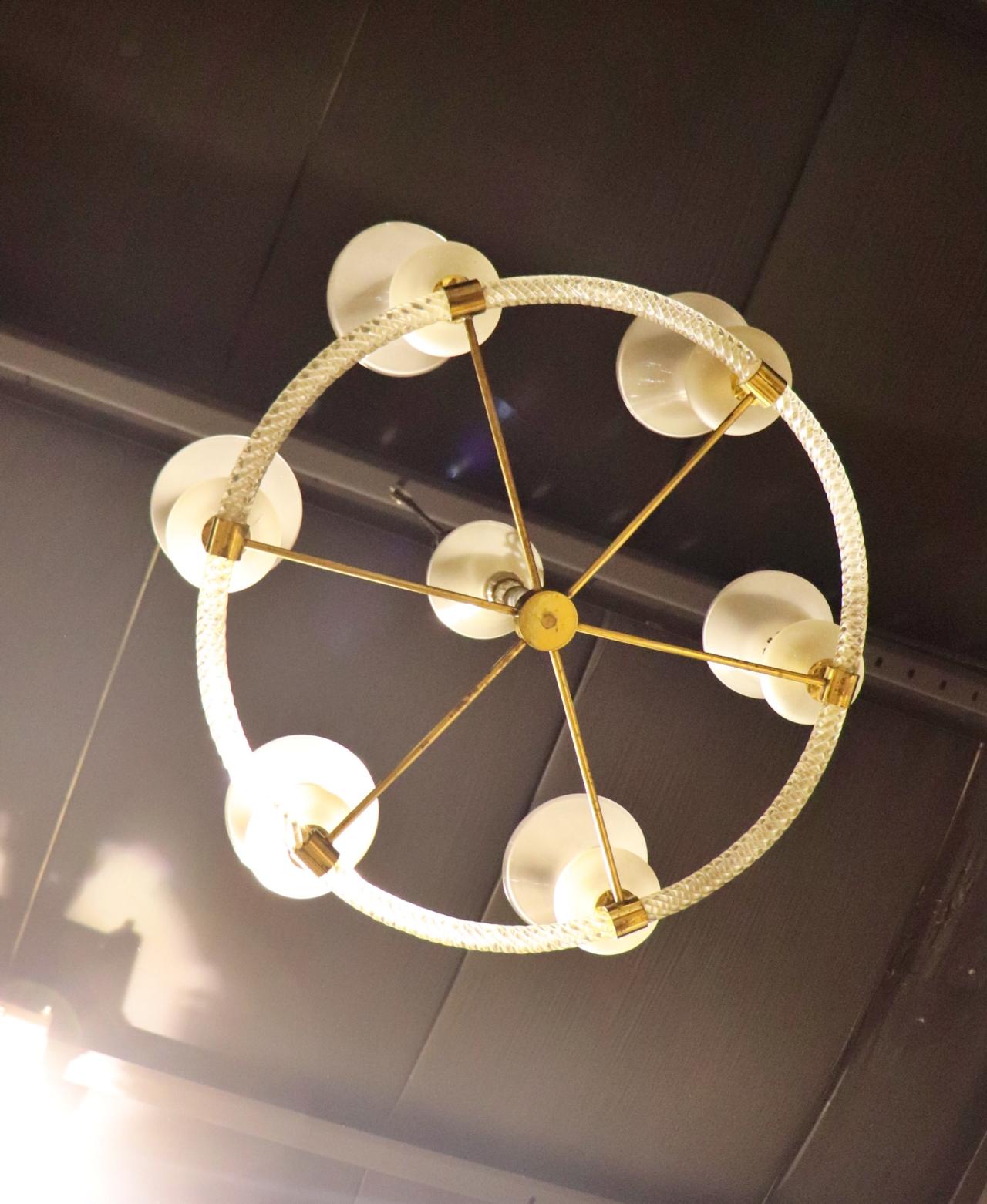 Neoclassical Revival Italian Murano Frosted and Cane Glass Circular Chandelier For Sale