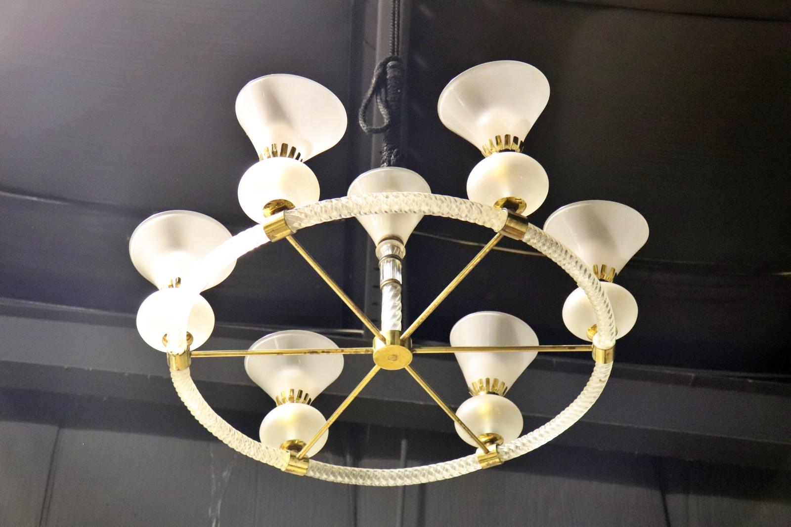 Italian Murano Frosted and Cane Glass Circular Chandelier In Good Condition For Sale In Swedesboro, NJ