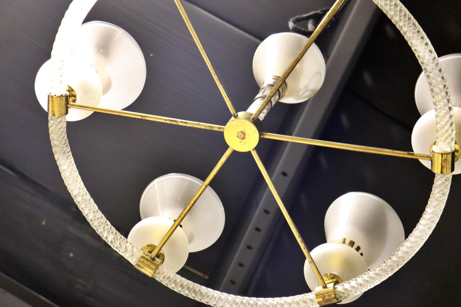Mid-20th Century Italian Murano Frosted and Cane Glass Circular Chandelier For Sale