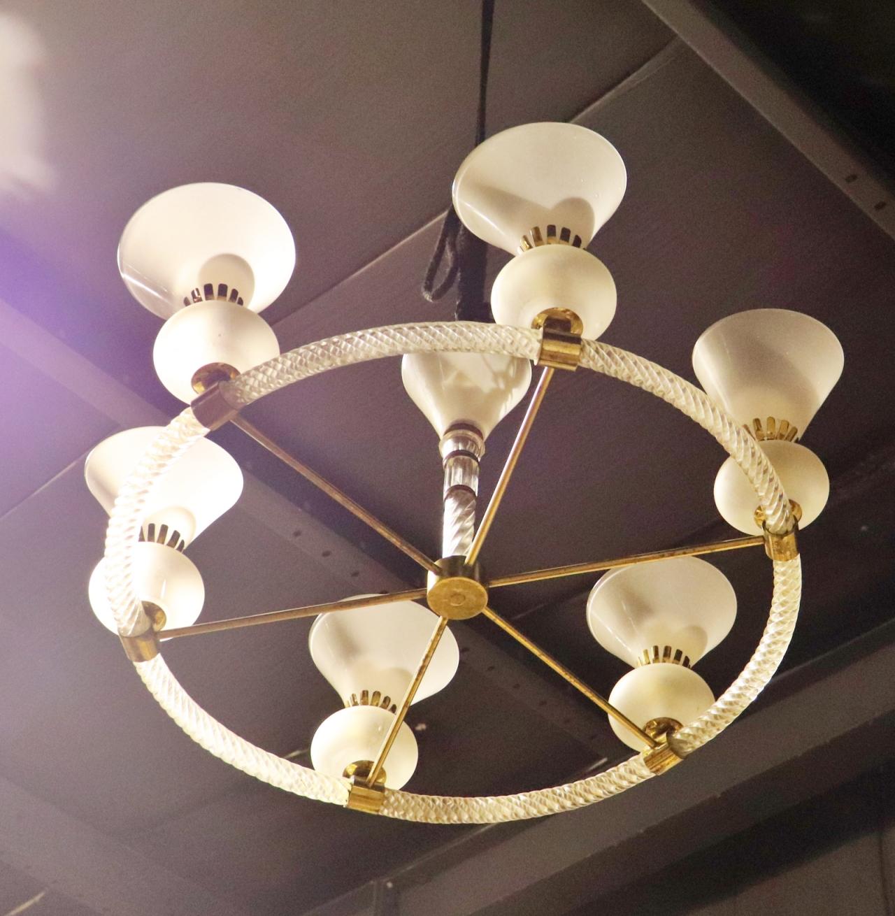 Brass Italian Murano Frosted and Cane Glass Circular Chandelier For Sale