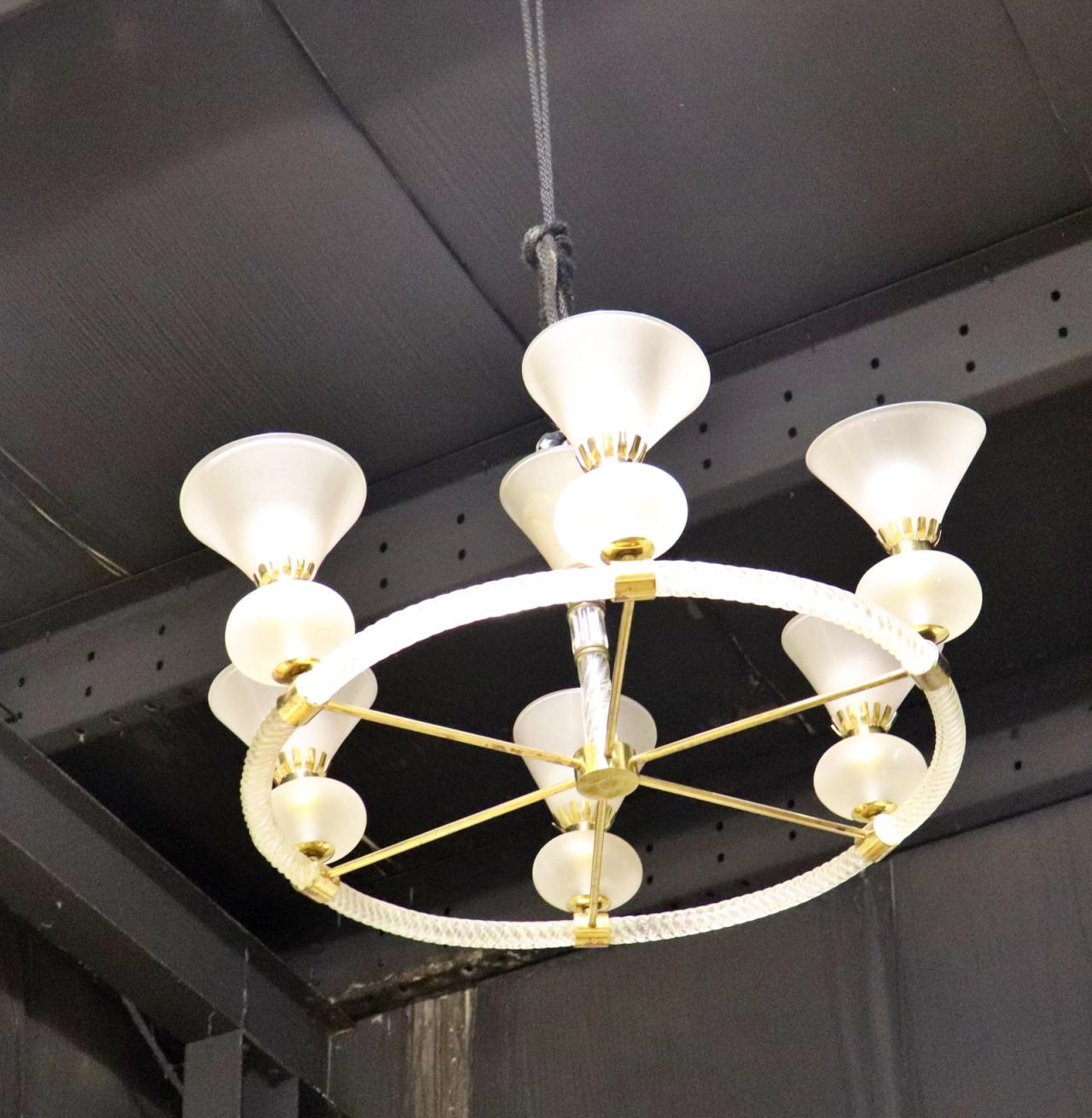 Italian Murano Frosted and Cane Glass Circular Chandelier For Sale 1
