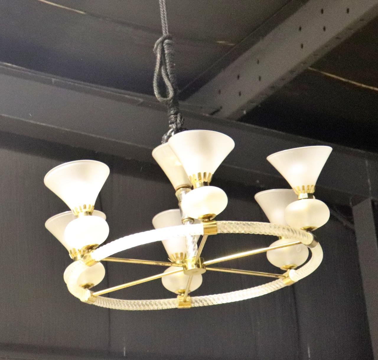Italian Murano Frosted and Cane Glass Circular Chandelier For Sale 2