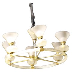 Italian Murano Frosted and Cane Glass Circular Chandelier