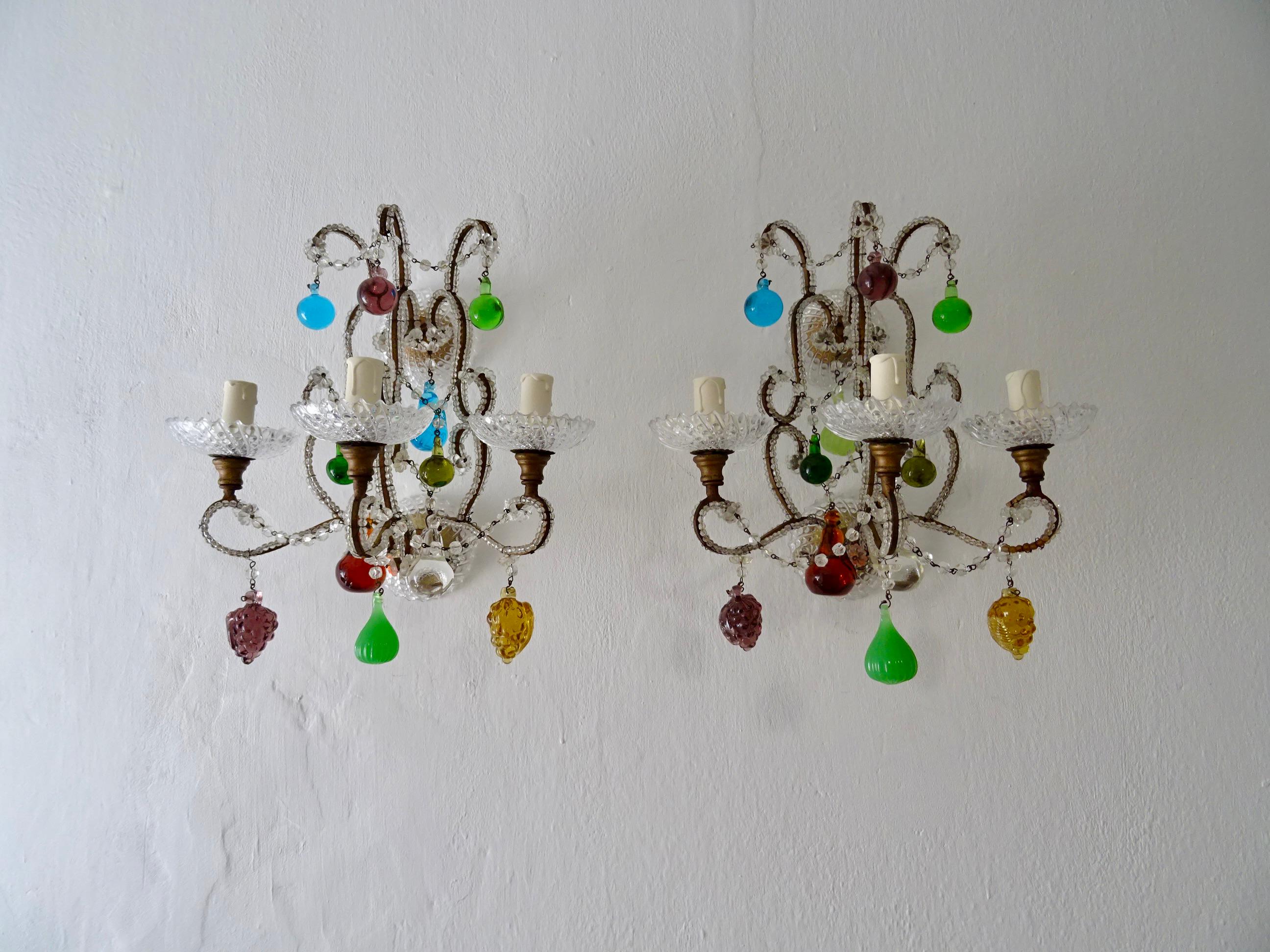 Italian Murano Fruit Colored Balls Crystal Beaded Sconces, circa 1930 For Sale 9