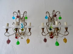 Italian Murano Fruit Colored Balls Crystal Beaded Sconces, circa 1930 RARE