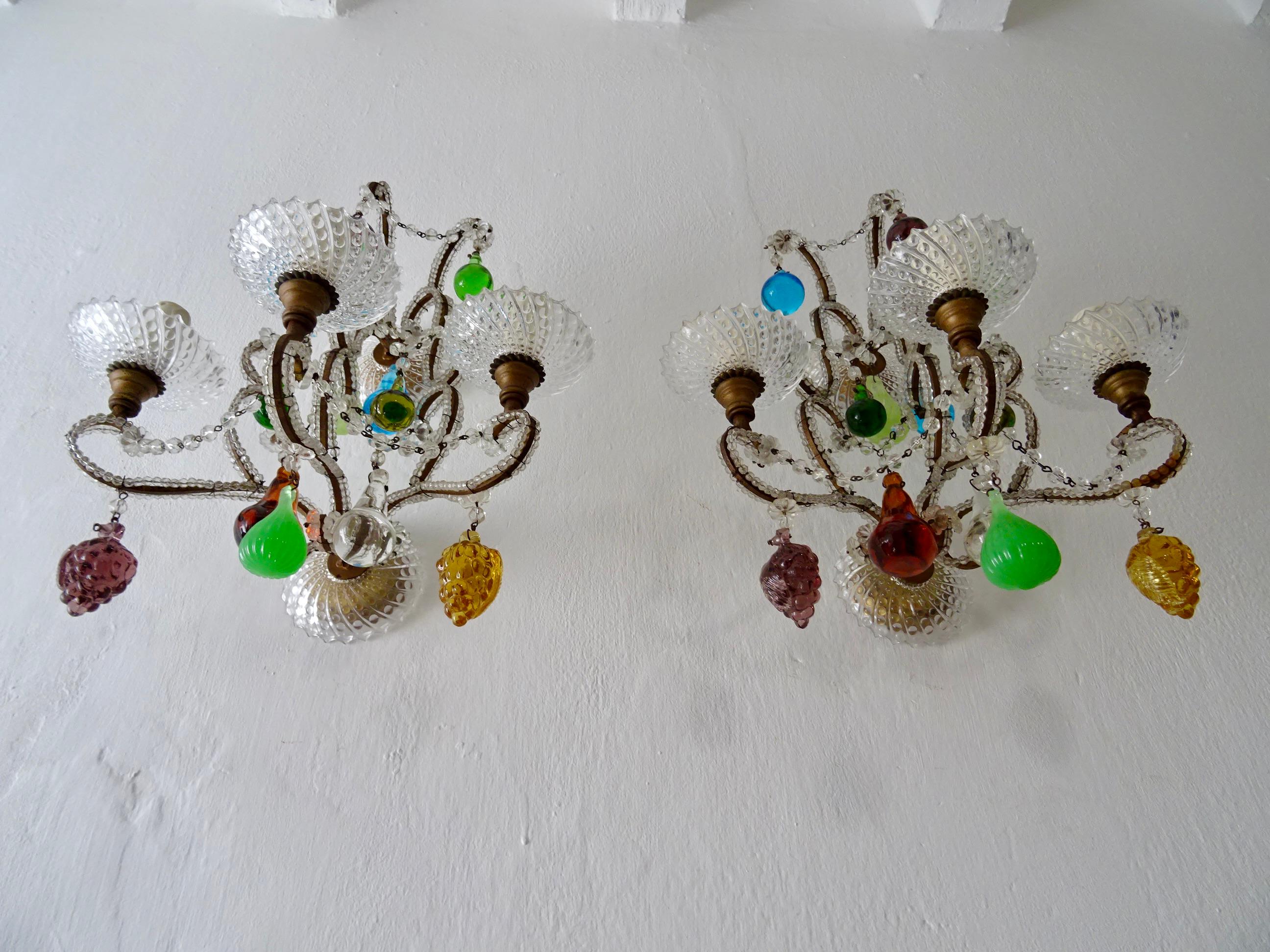 Italian Murano Fruit Colored Balls Crystal Beaded Sconces, circa 1930 In Good Condition For Sale In Firenze, Toscana