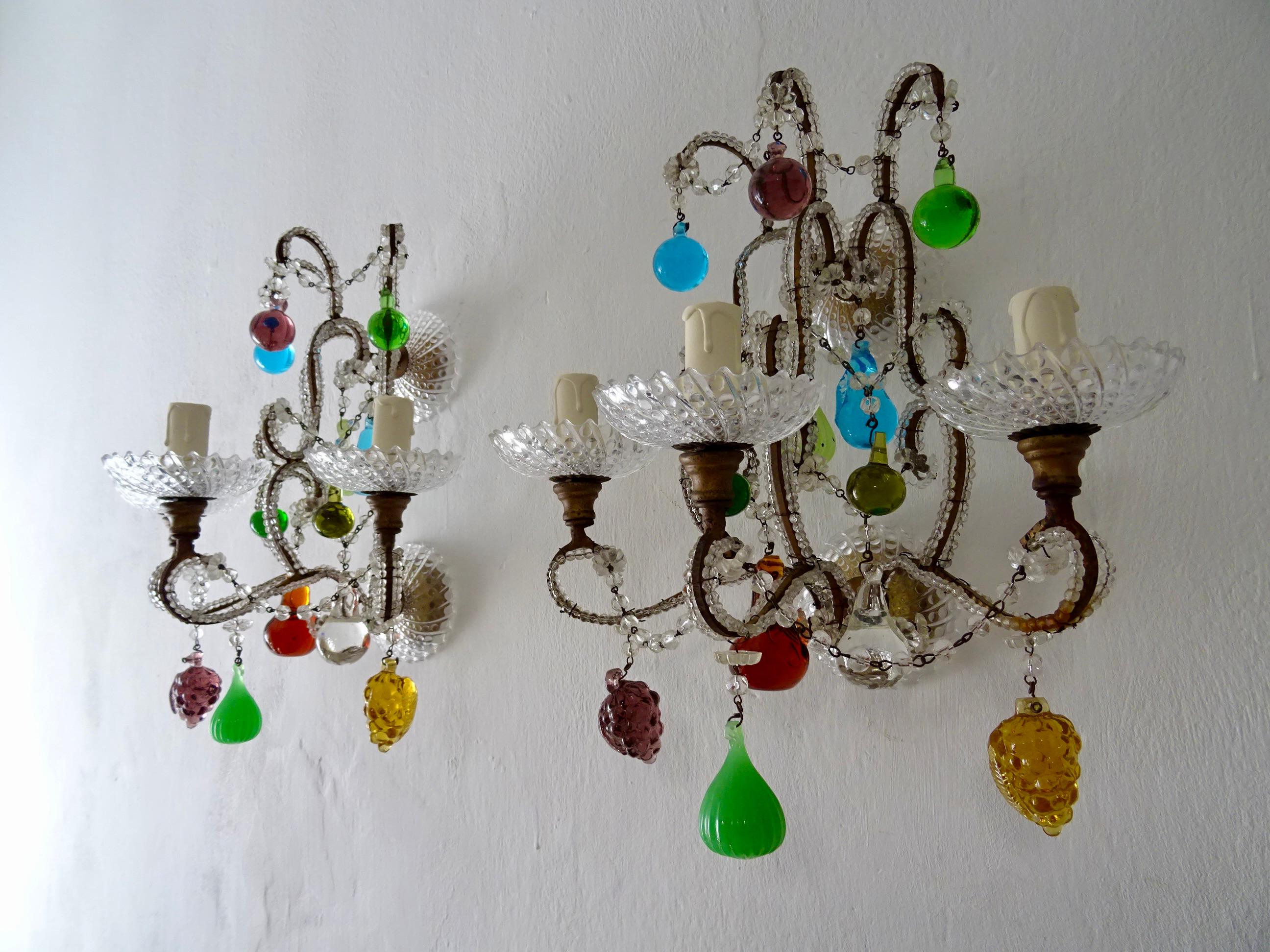 Mid-20th Century Italian Murano Fruit Colored Balls Crystal Beaded Sconces, circa 1930 For Sale