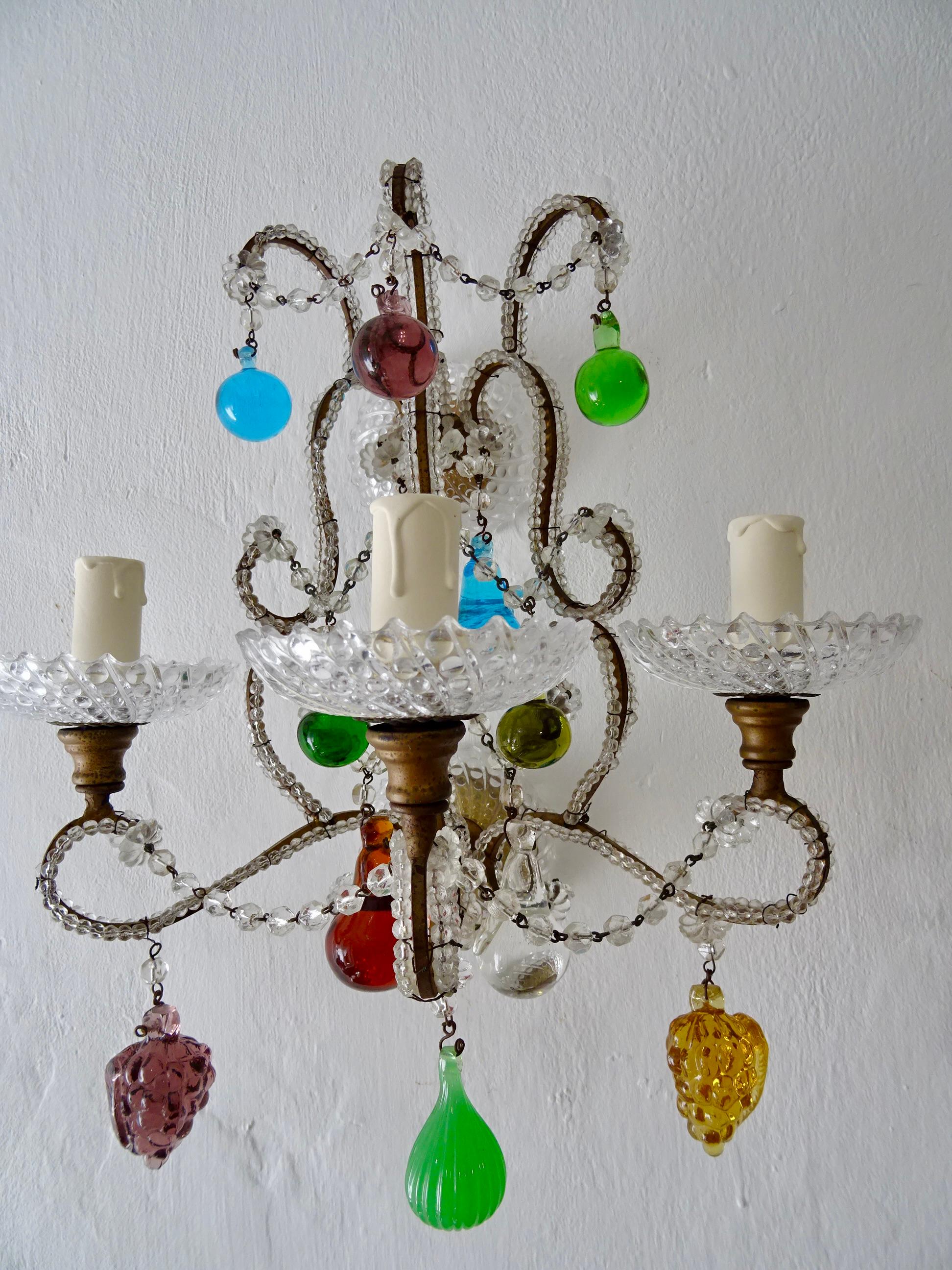 Italian Murano Fruit Colored Balls Crystal Beaded Sconces, circa 1930 For Sale 1