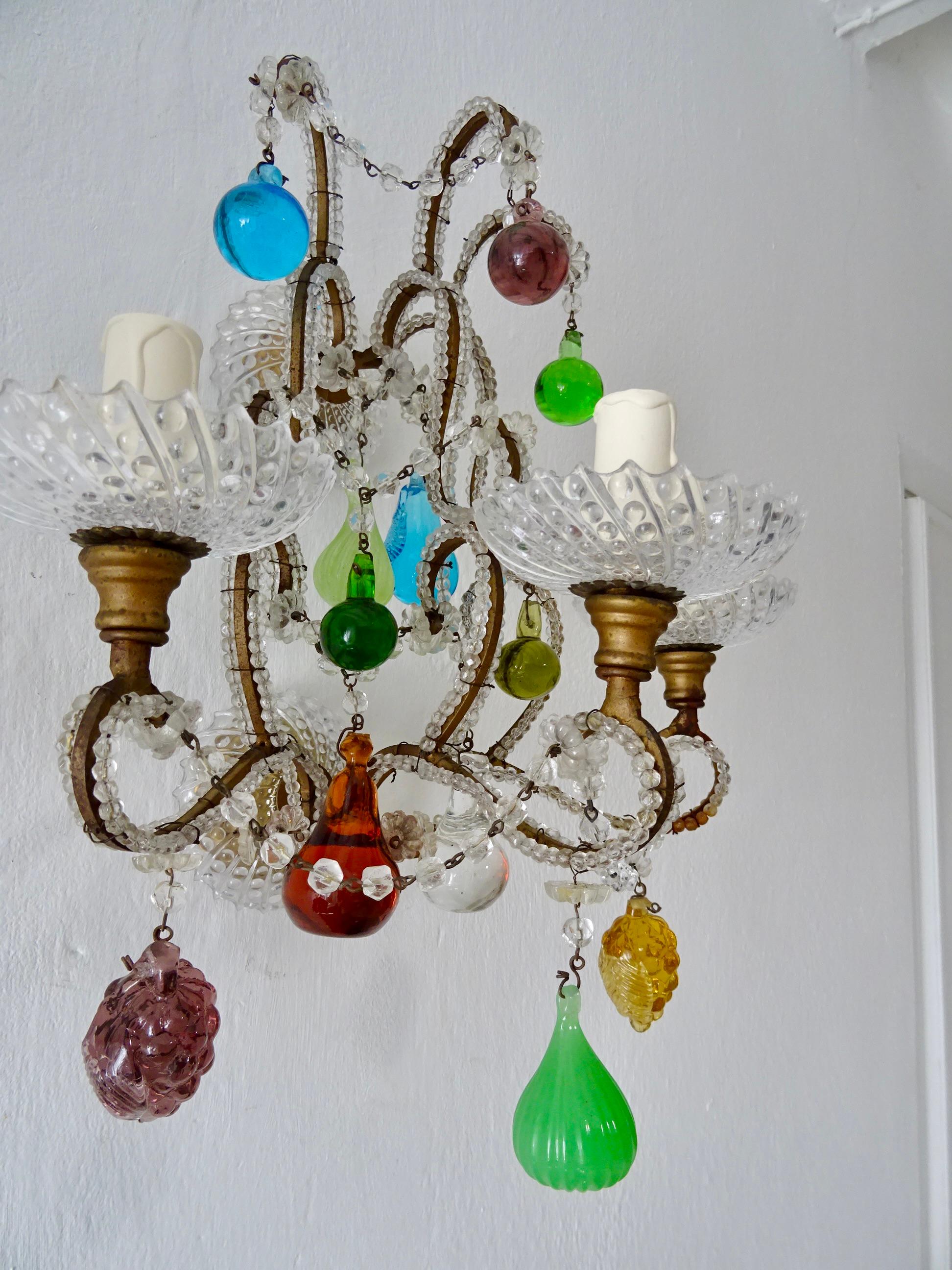 Italian Murano Fruit Colored Balls Crystal Beaded Sconces, circa 1930 For Sale 2