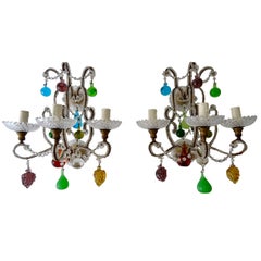 Italian Murano Fruit Colored Balls Crystal Beaded Sconces, circa 1930 RARE