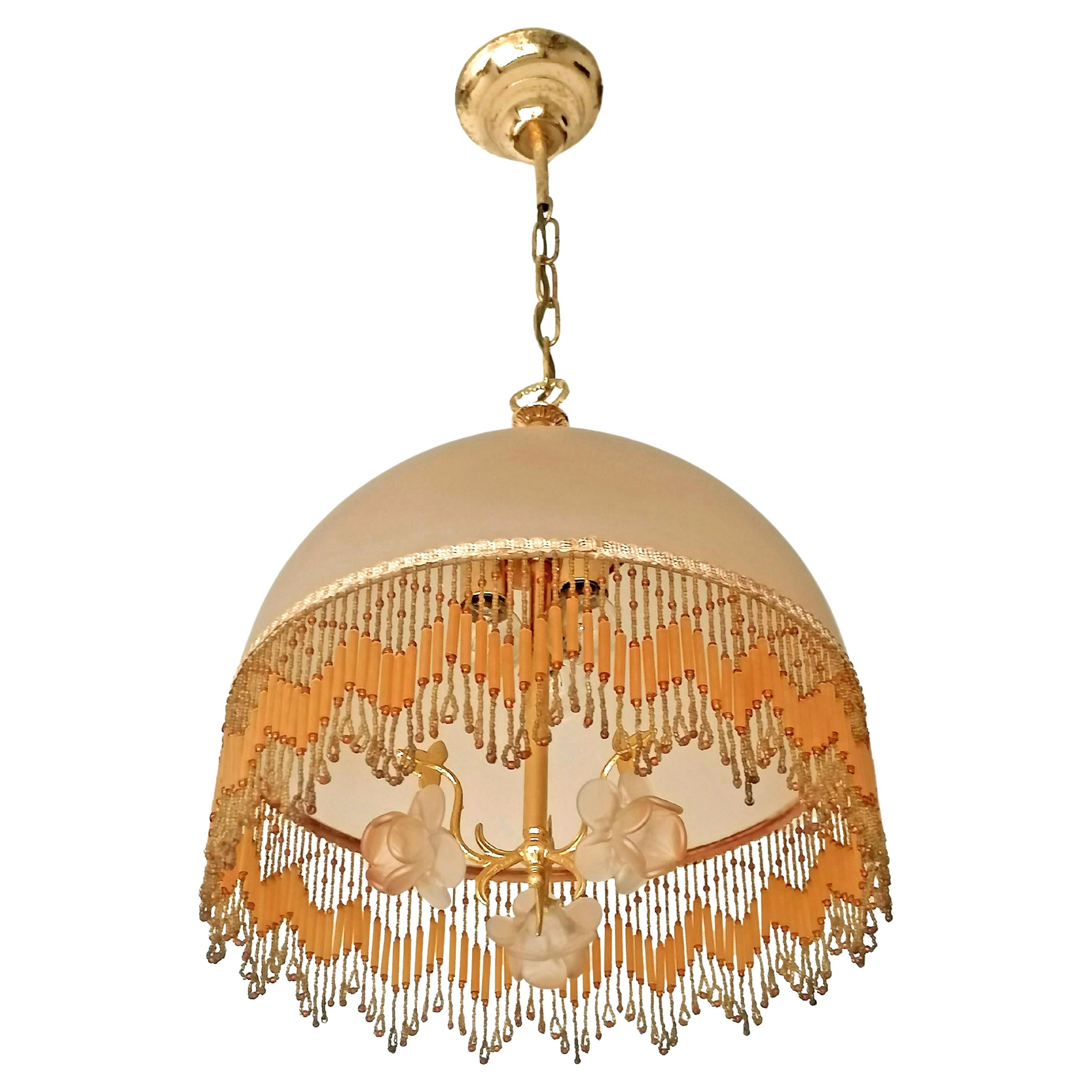 Frosted Italian Murano Gilt Art Deco Chandelier with Amber Glass Flowers & Beaded Fringe For Sale