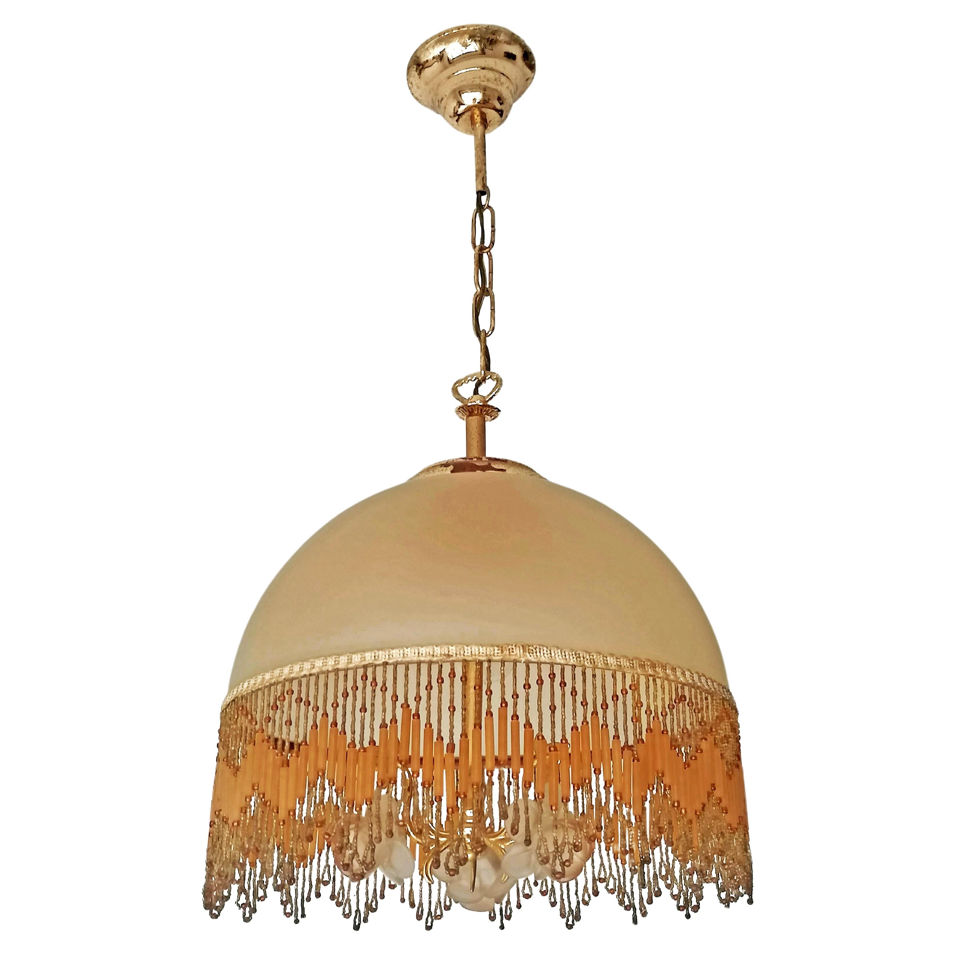 Italian Murano Gilt Art Deco Chandelier with Amber Glass Flowers & Beaded Fringe In Good Condition For Sale In Coimbra, PT