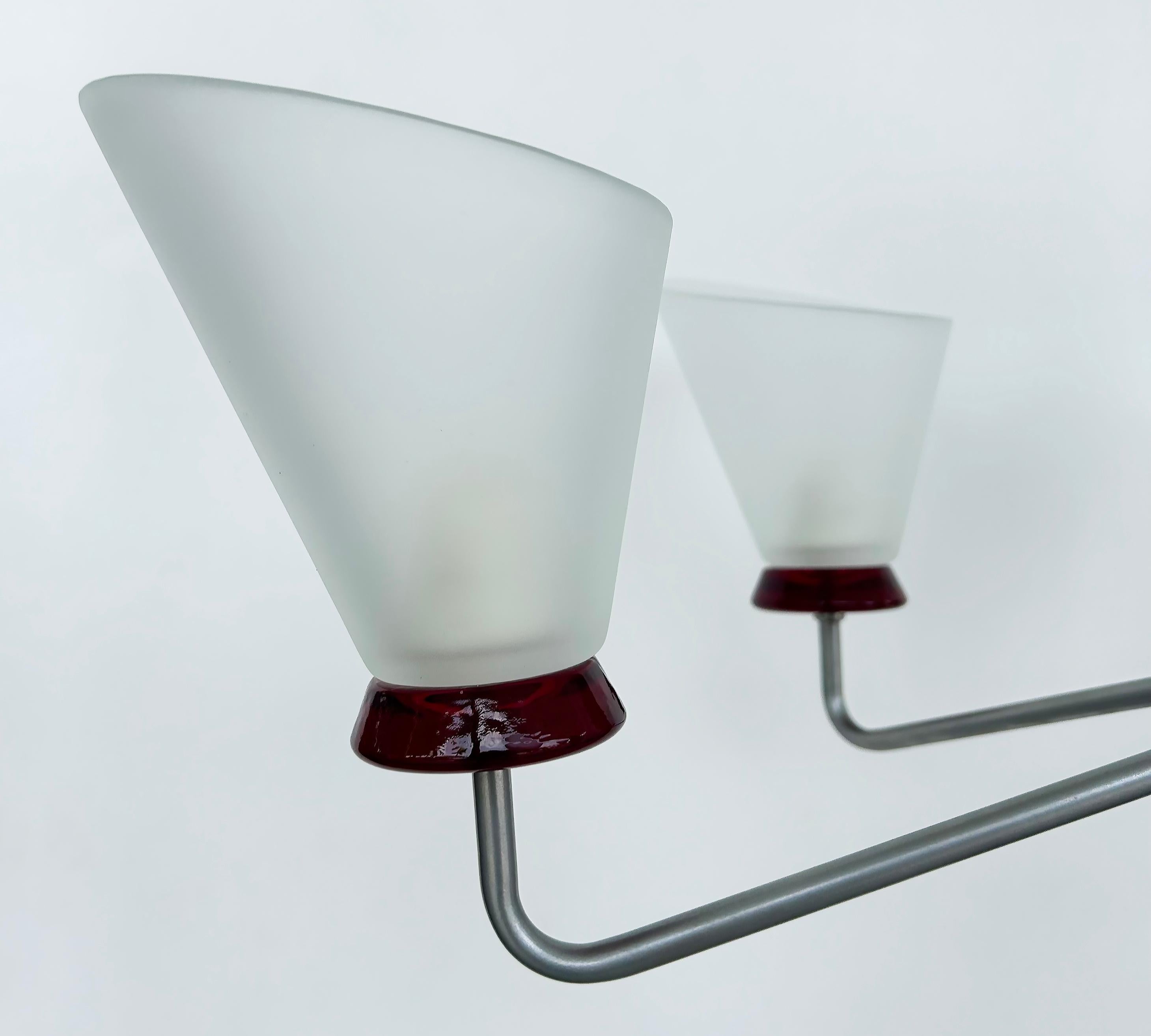 Lampadario a 6 bracci in vetro di Murano, paralumi a cono obliqui in vendita 1