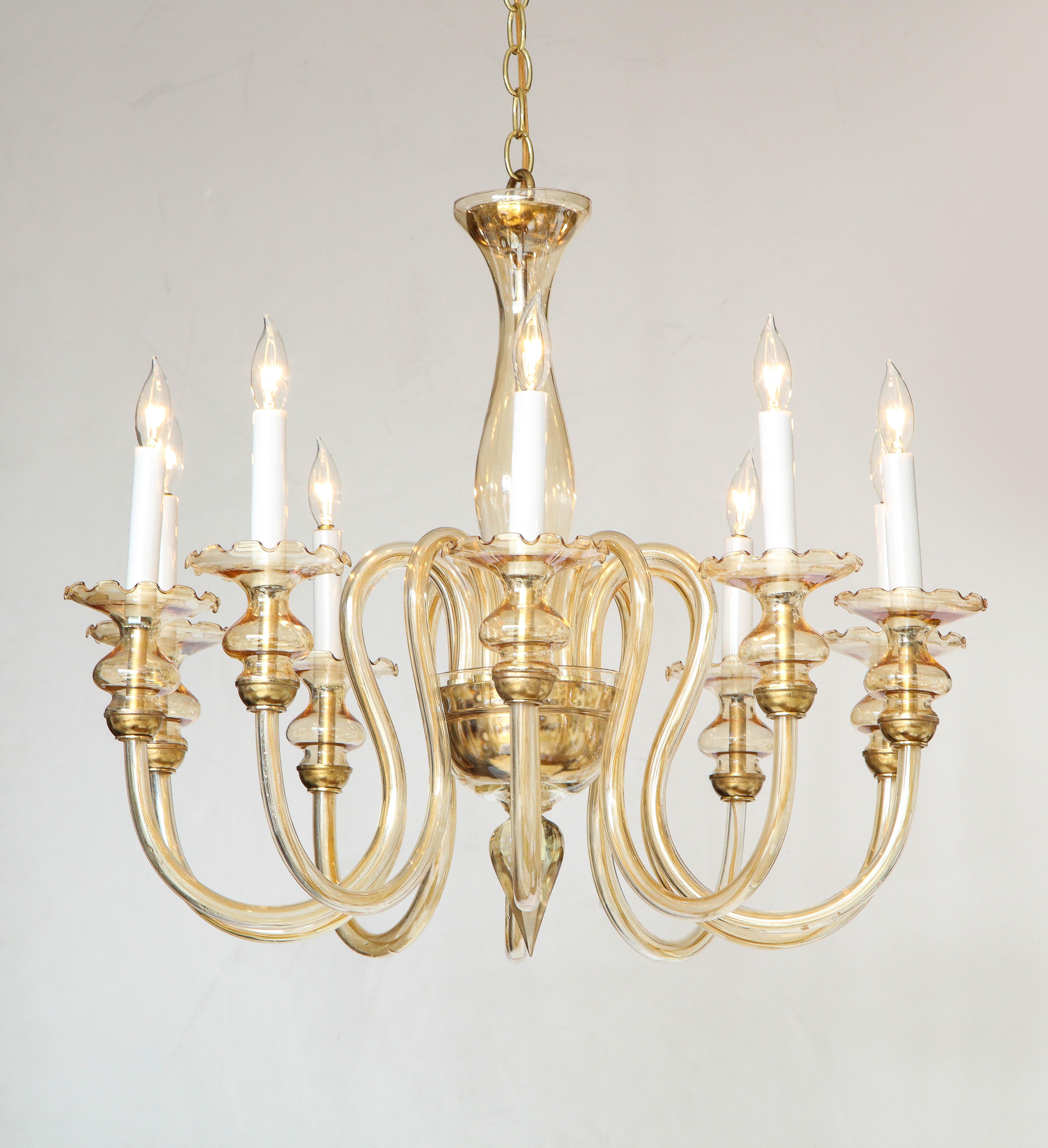 Italian Murano Glass and Brass 1950's Ten Arm Chandelier For Sale 1