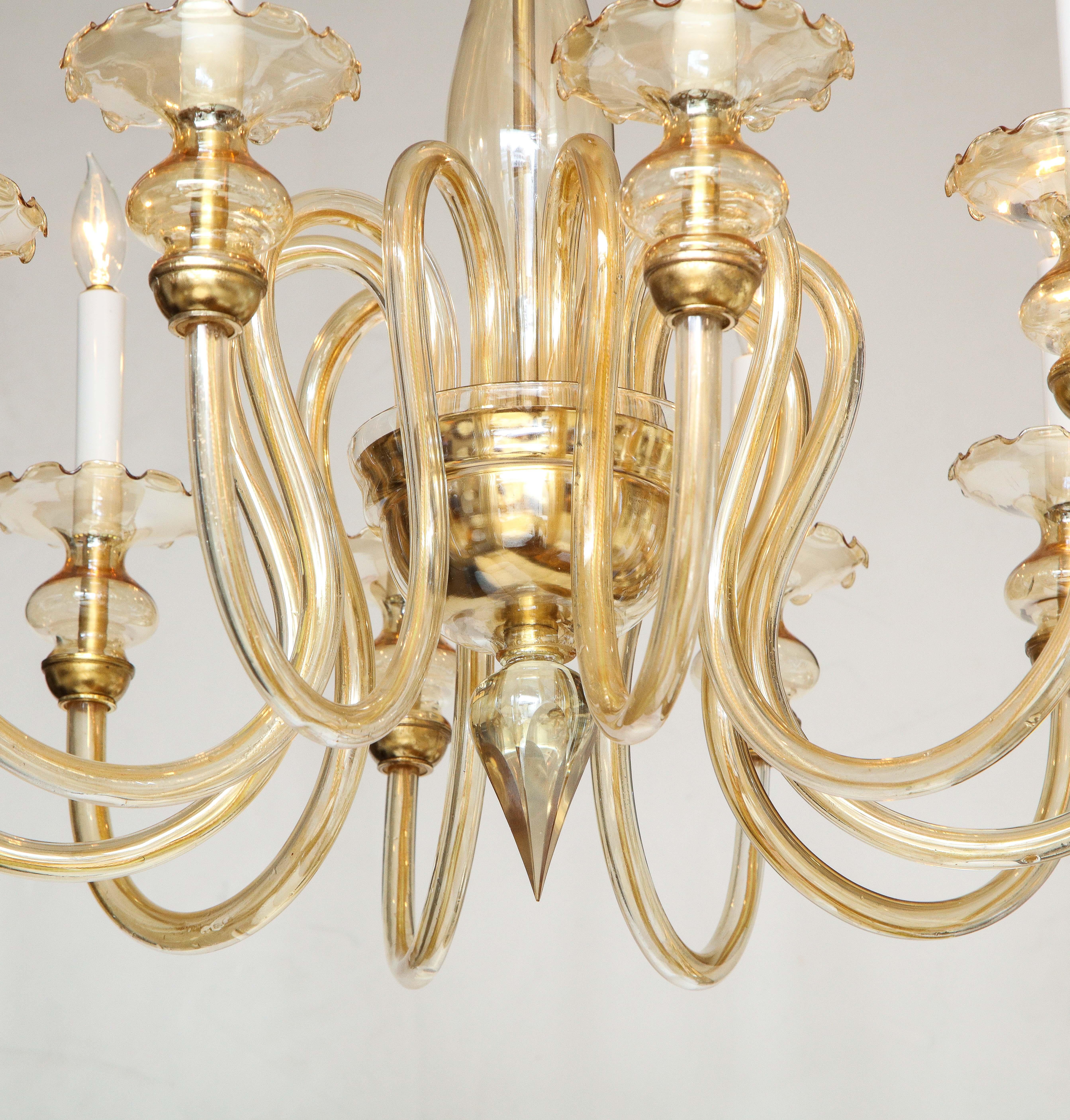 Italian Murano Glass and Brass 1950's Ten Arm Chandelier For Sale 2