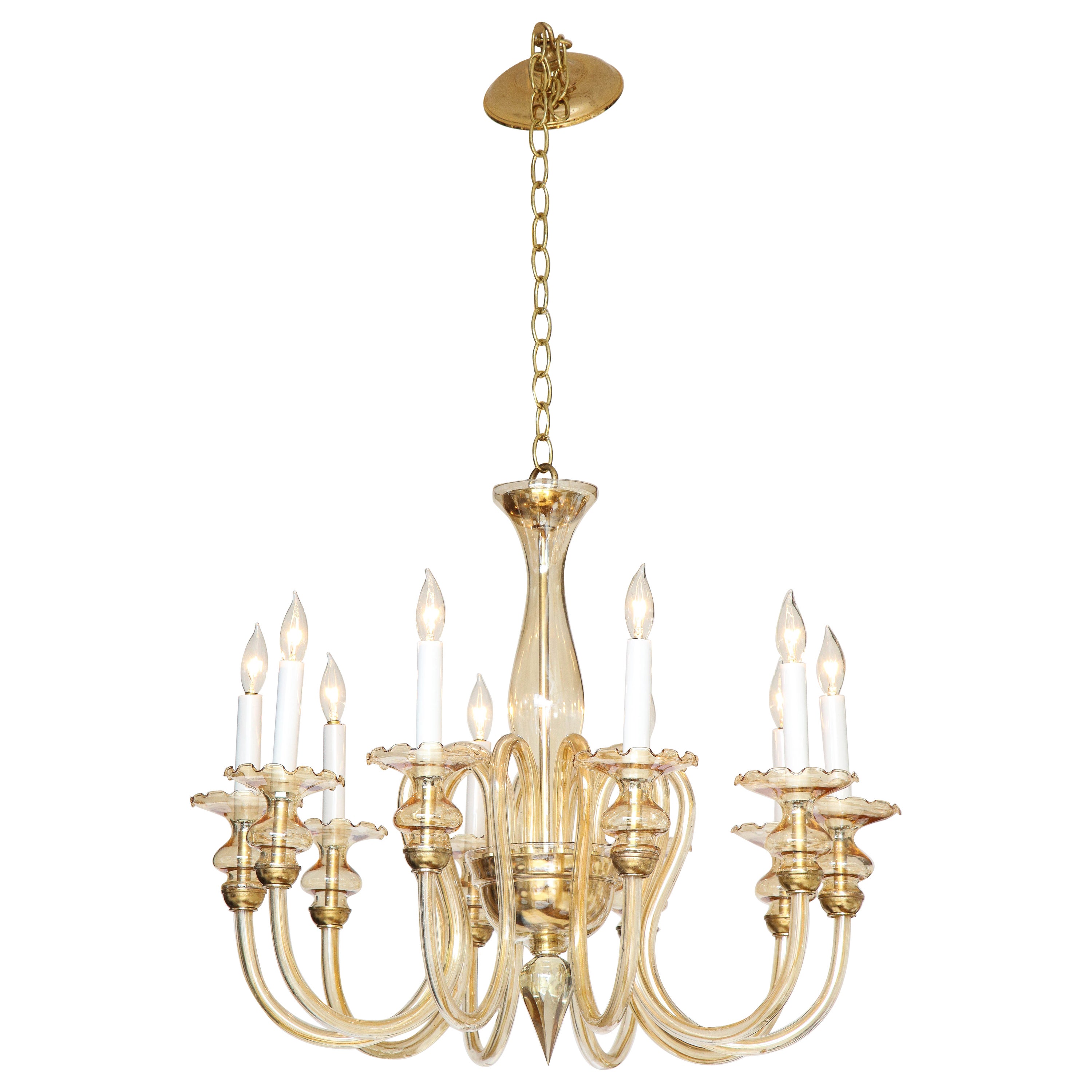 Lampadario italiano a dieci bracci in vetro di Murano e ottone degli anni '50