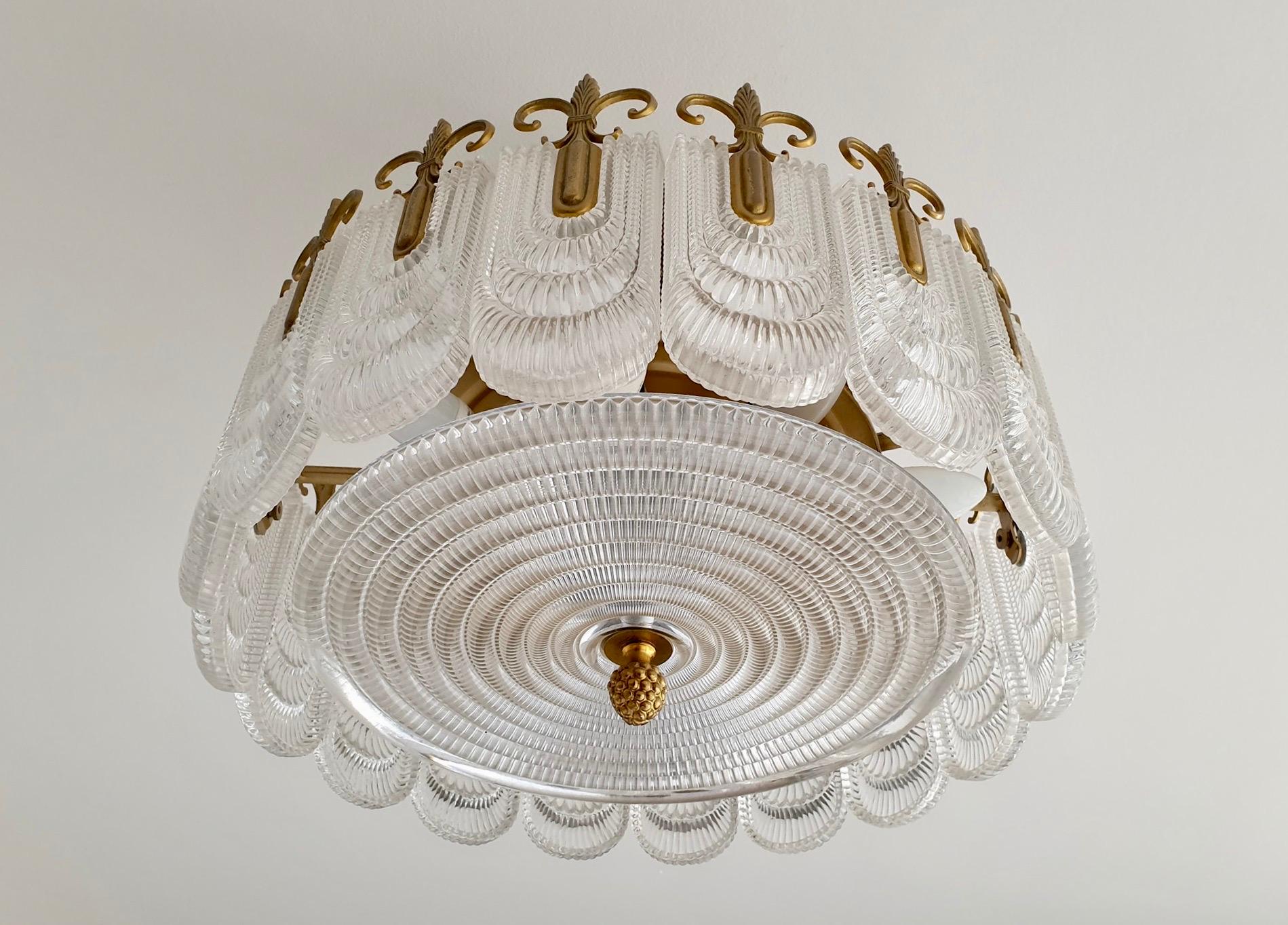 Italian Murano Glass and Brass Chandelier, Flush Mount 8