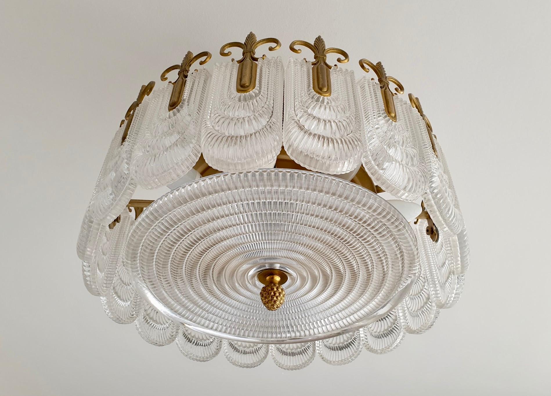 Italian Murano Glass and Brass Chandelier, Flush Mount 8