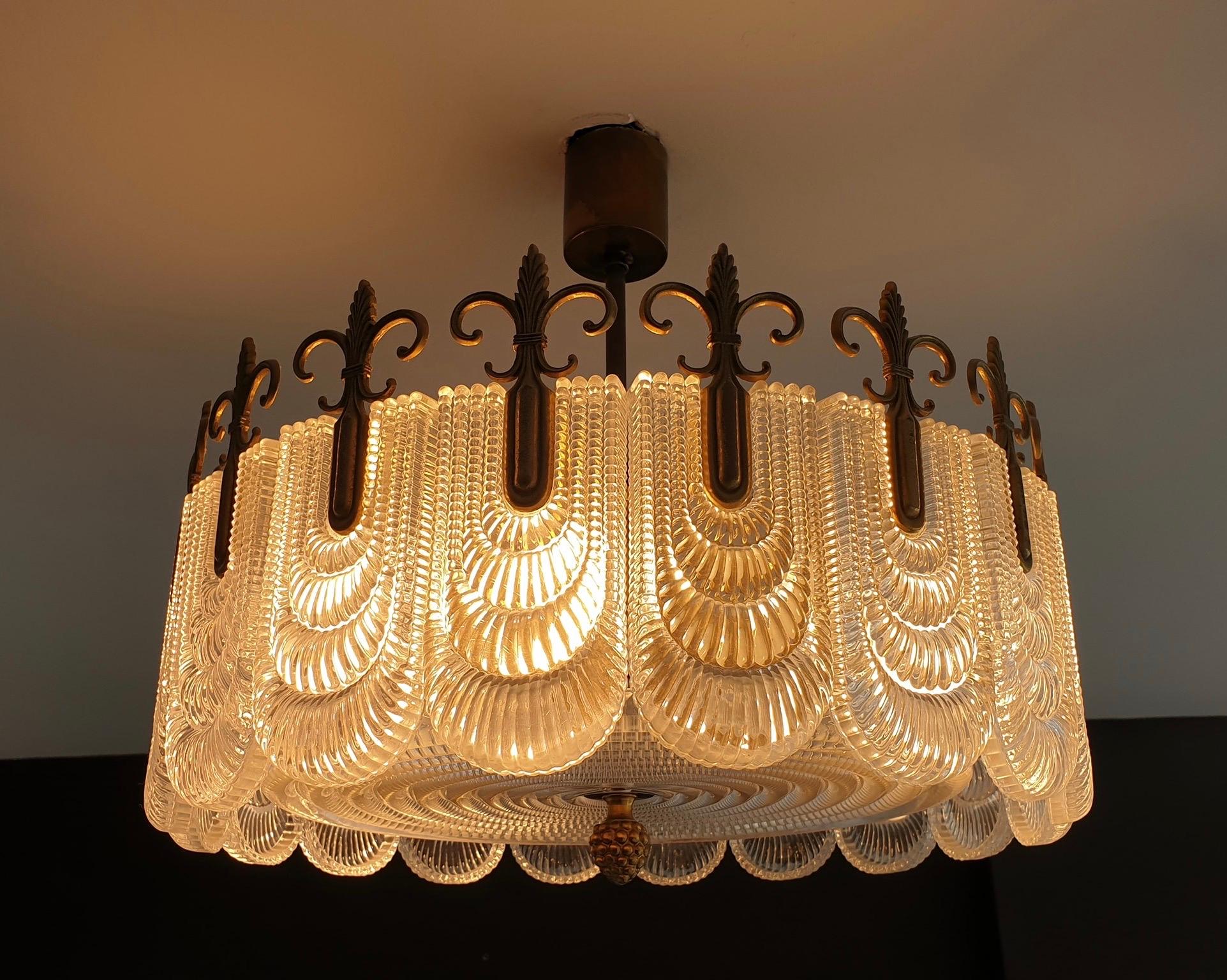 Italian Murano Glass and Brass Chandelier, Flush Mount 10