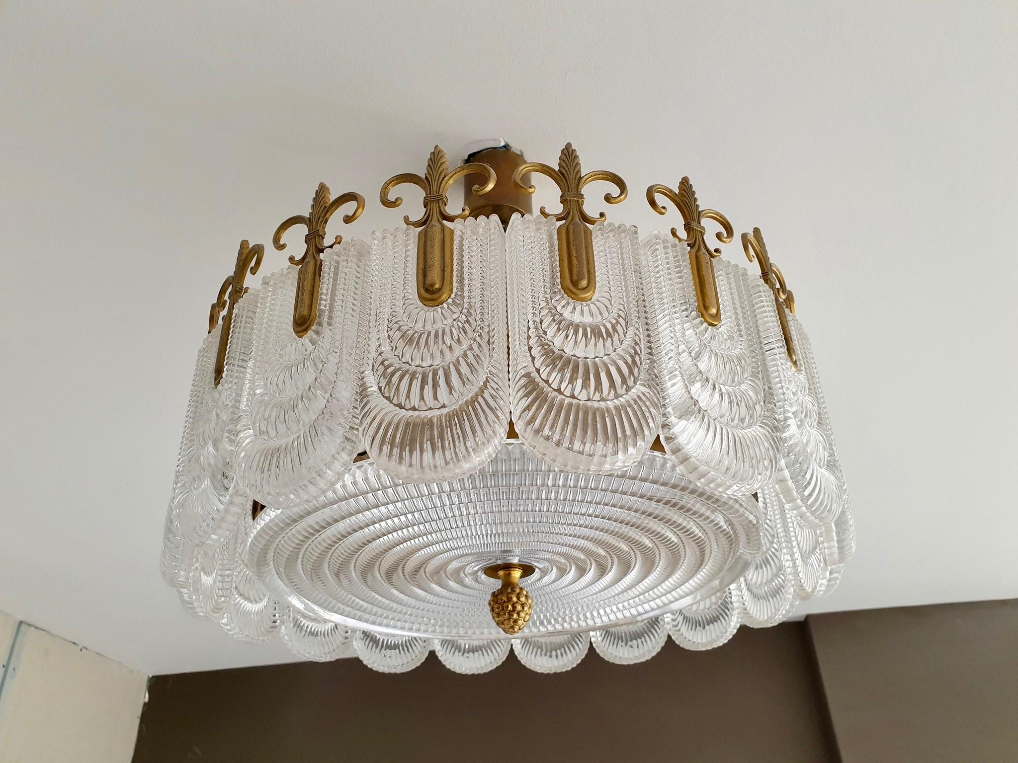 Italian Murano Glass and Brass Chandelier, Flush Mount In Good Condition In Antwerp, BE