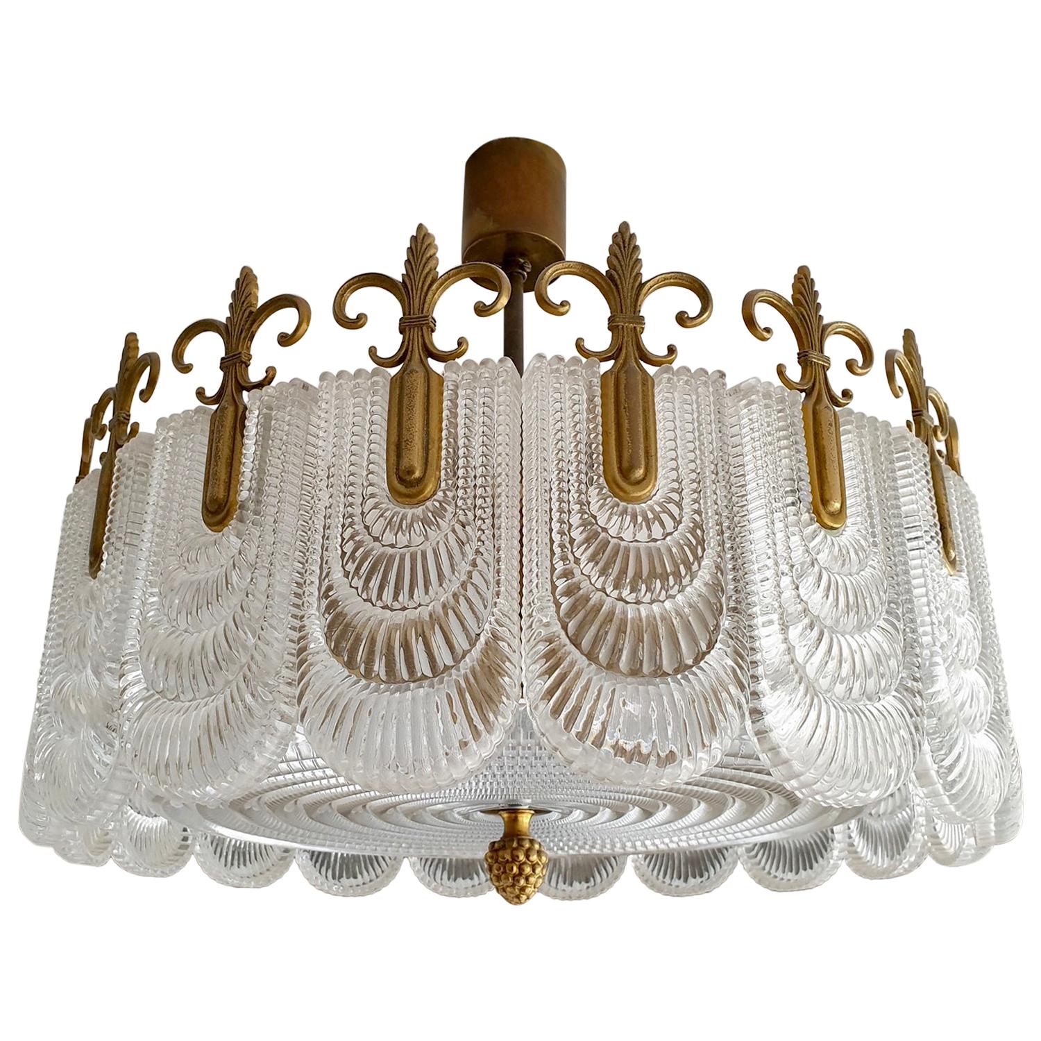 Italian Murano Glass and Brass Chandelier, Flush Mount