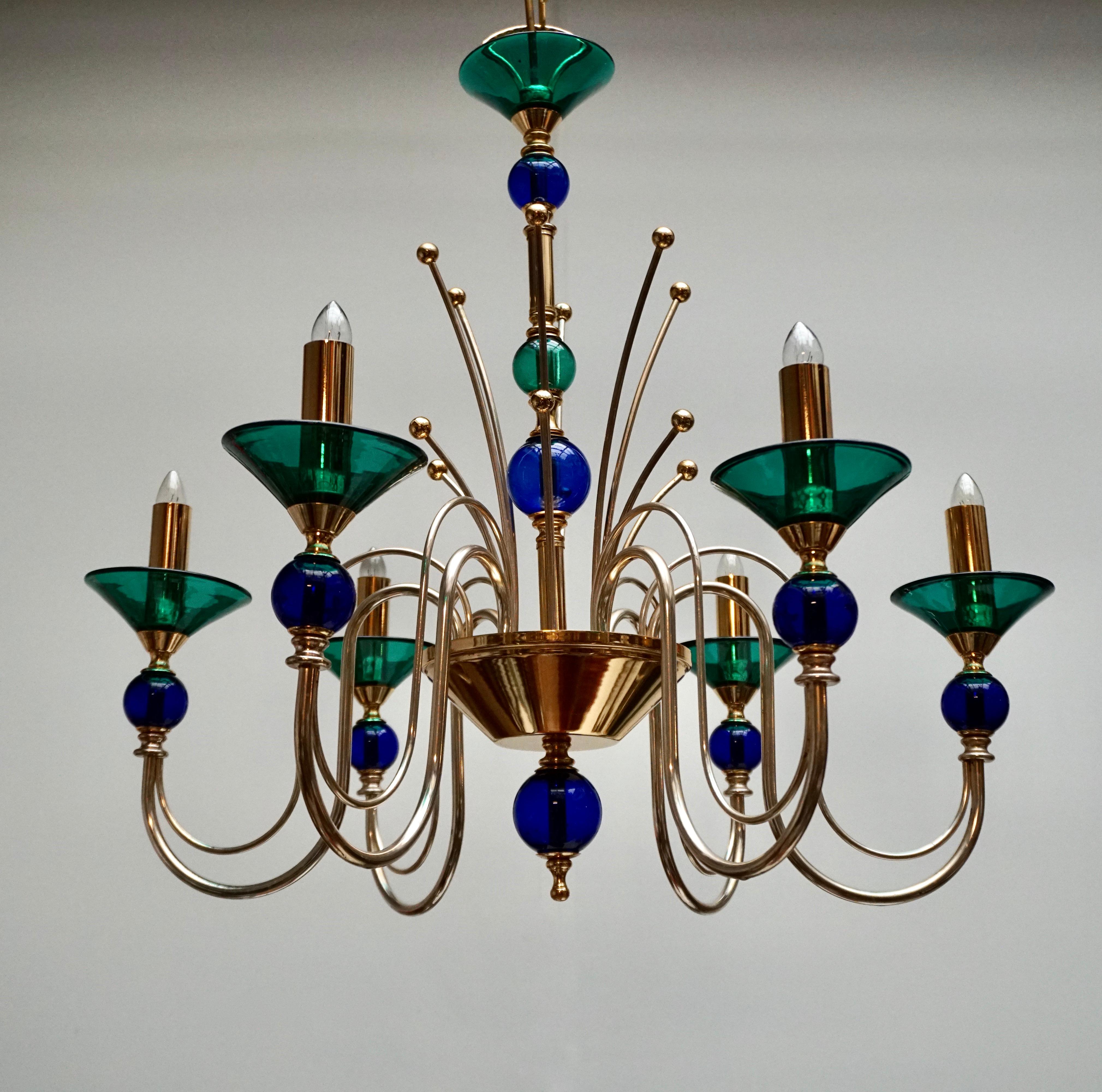 20th Century Italian Murano Glass and Brass Chandelier