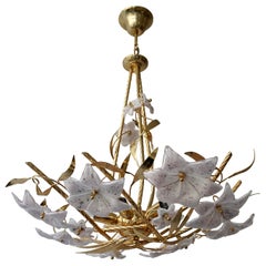 Italian Murano Glass and Brass Flowers Chandelier White and Pink